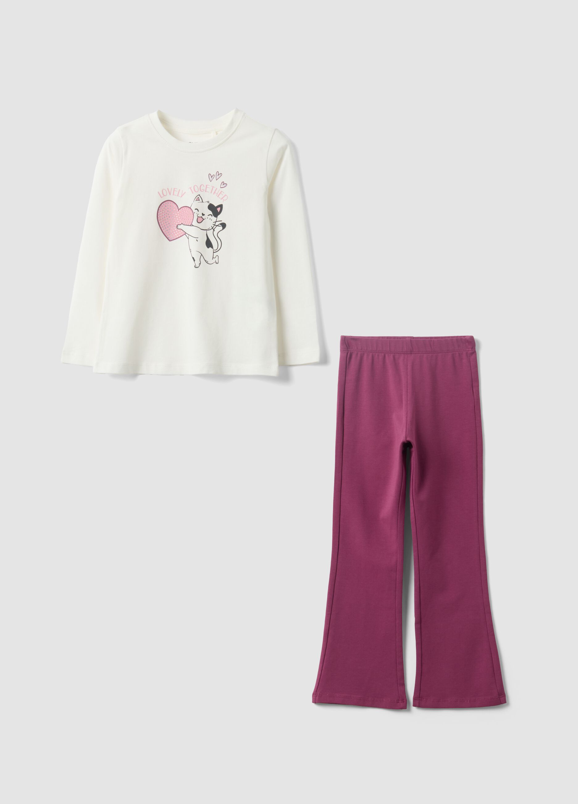 White and pink pure cotton jogging set with kitten print for girls