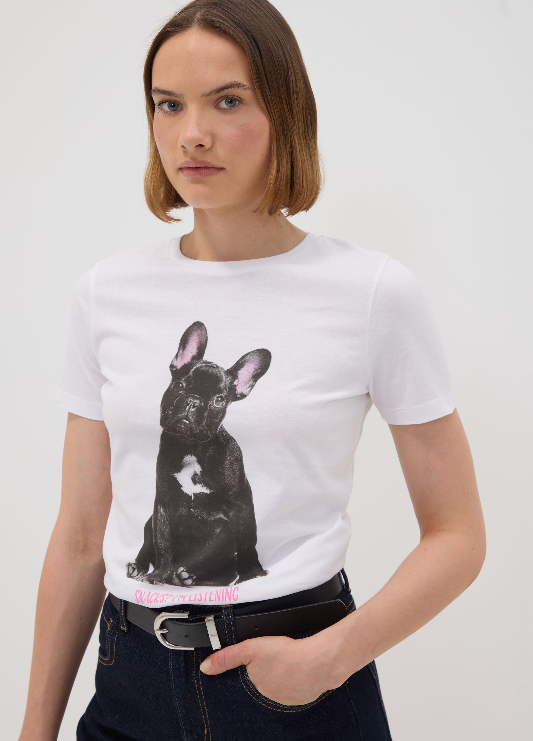White pure cotton crew-neck T-shirt with puppy print, regular fit