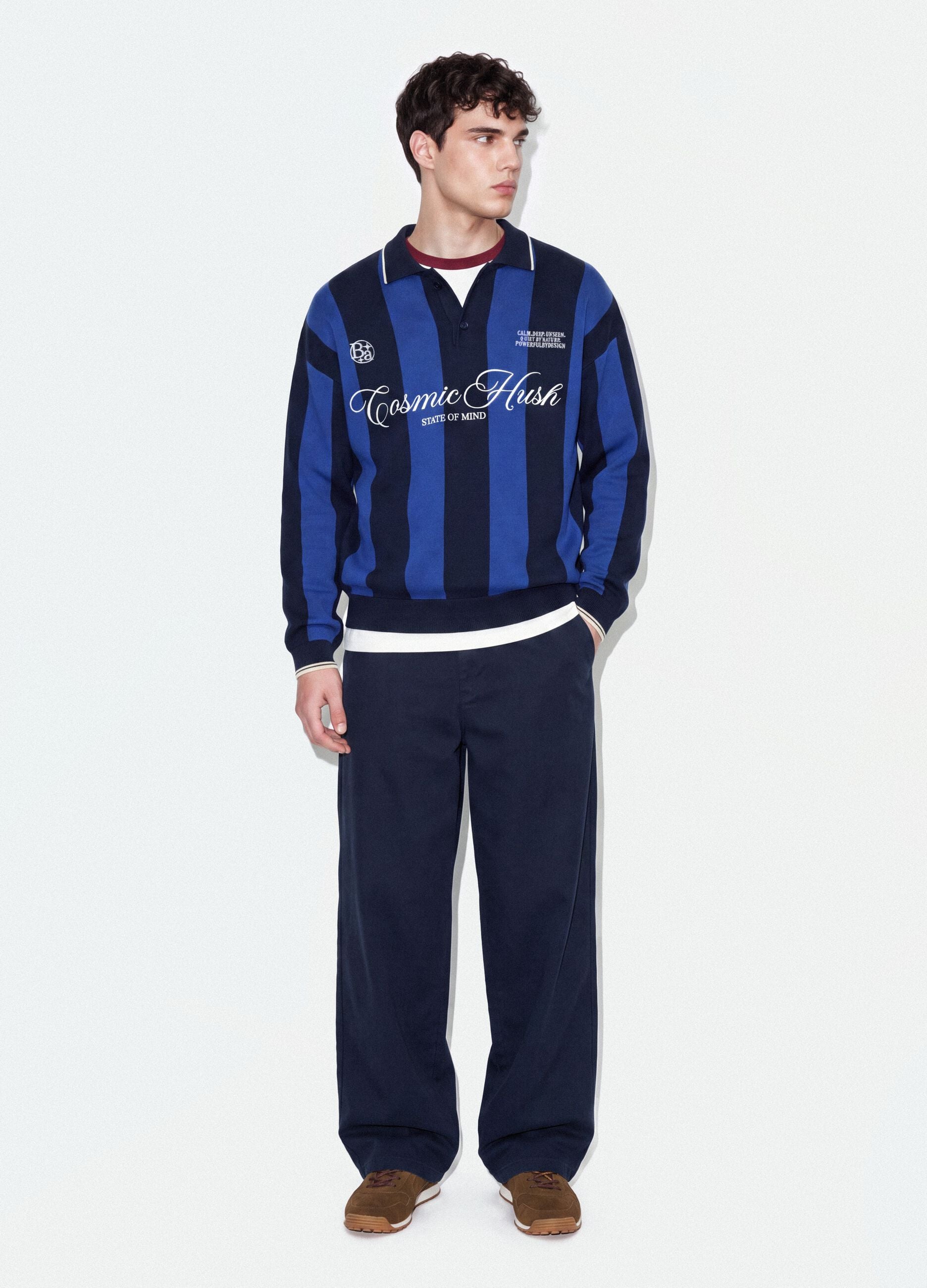 Blue and Black Pure Cotton Polo-Collar Knit Top, Oversized Fit