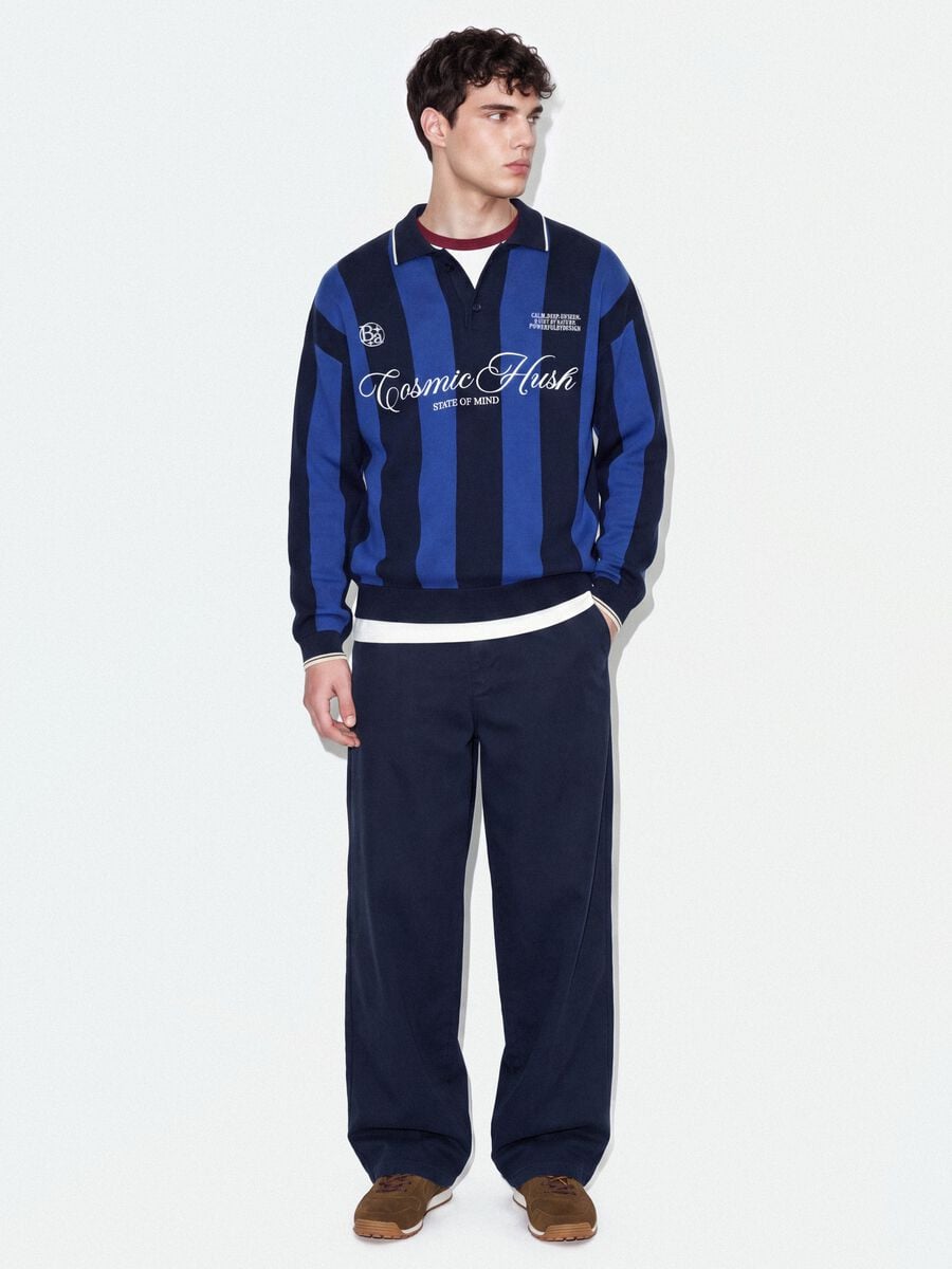 Maglia blu e nera in puro cotone con colletto polo over fit_1