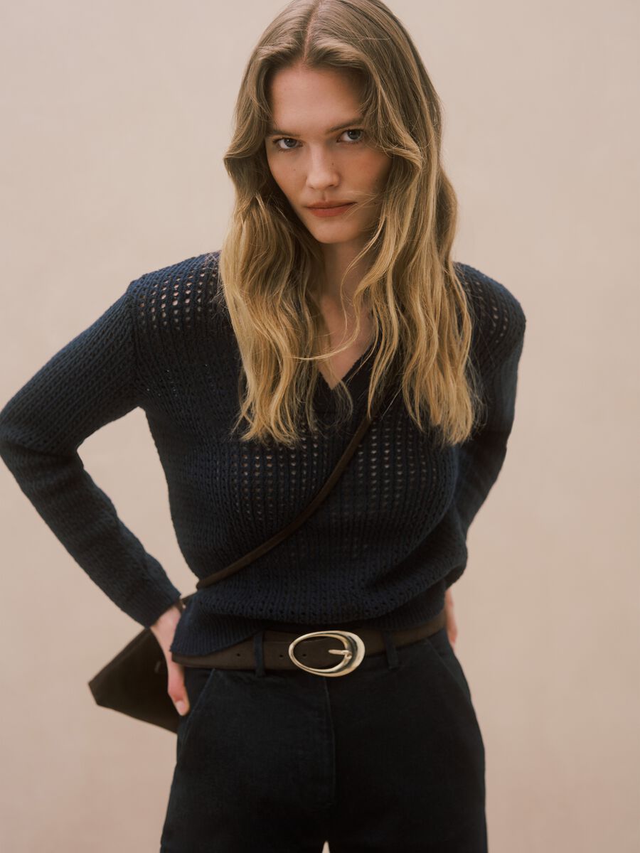 Blue cotton blend regular fit jumper with mesh pattern and polo collar_1