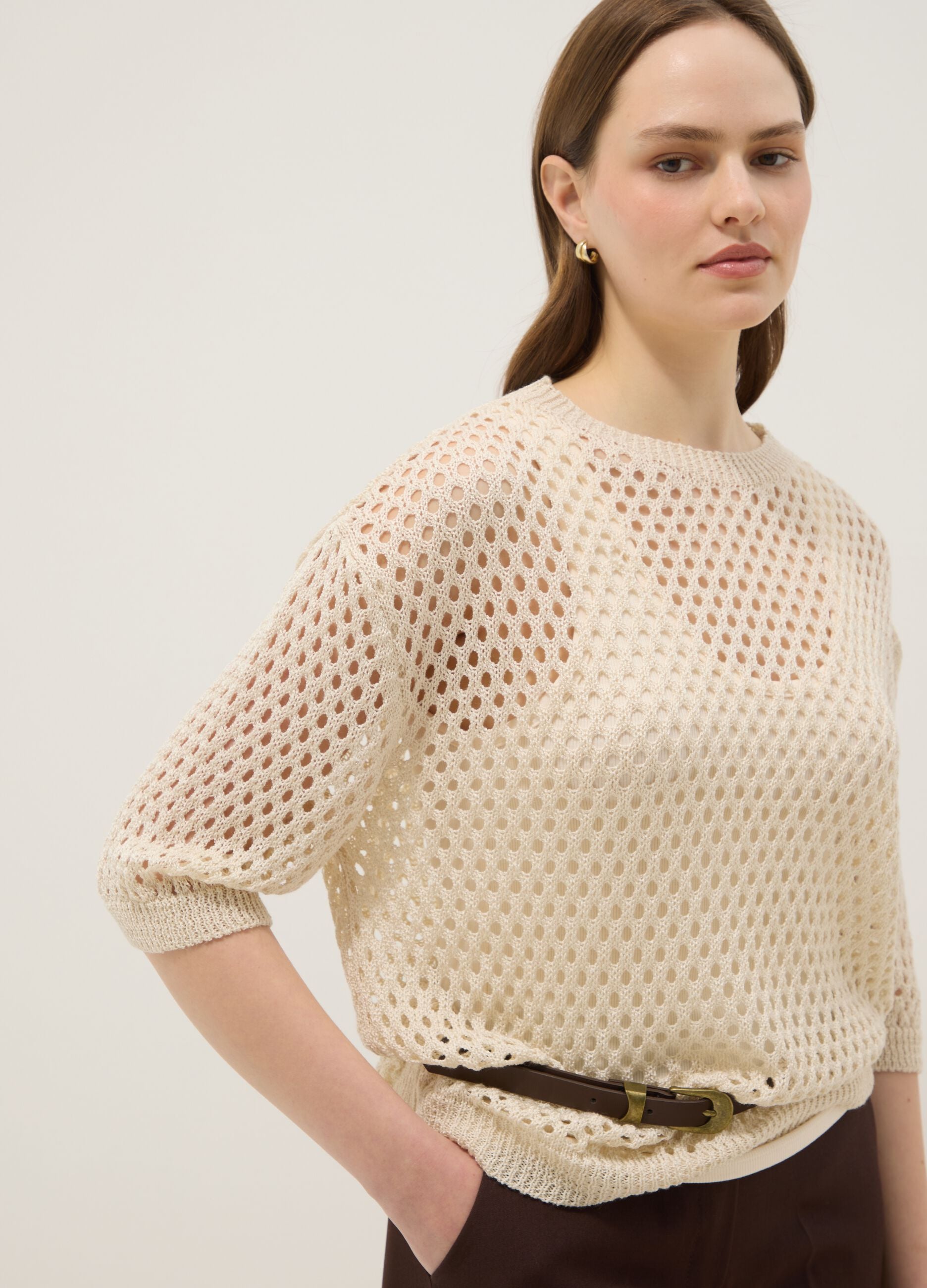 Beige open-knit three-quarter sleeve jumper