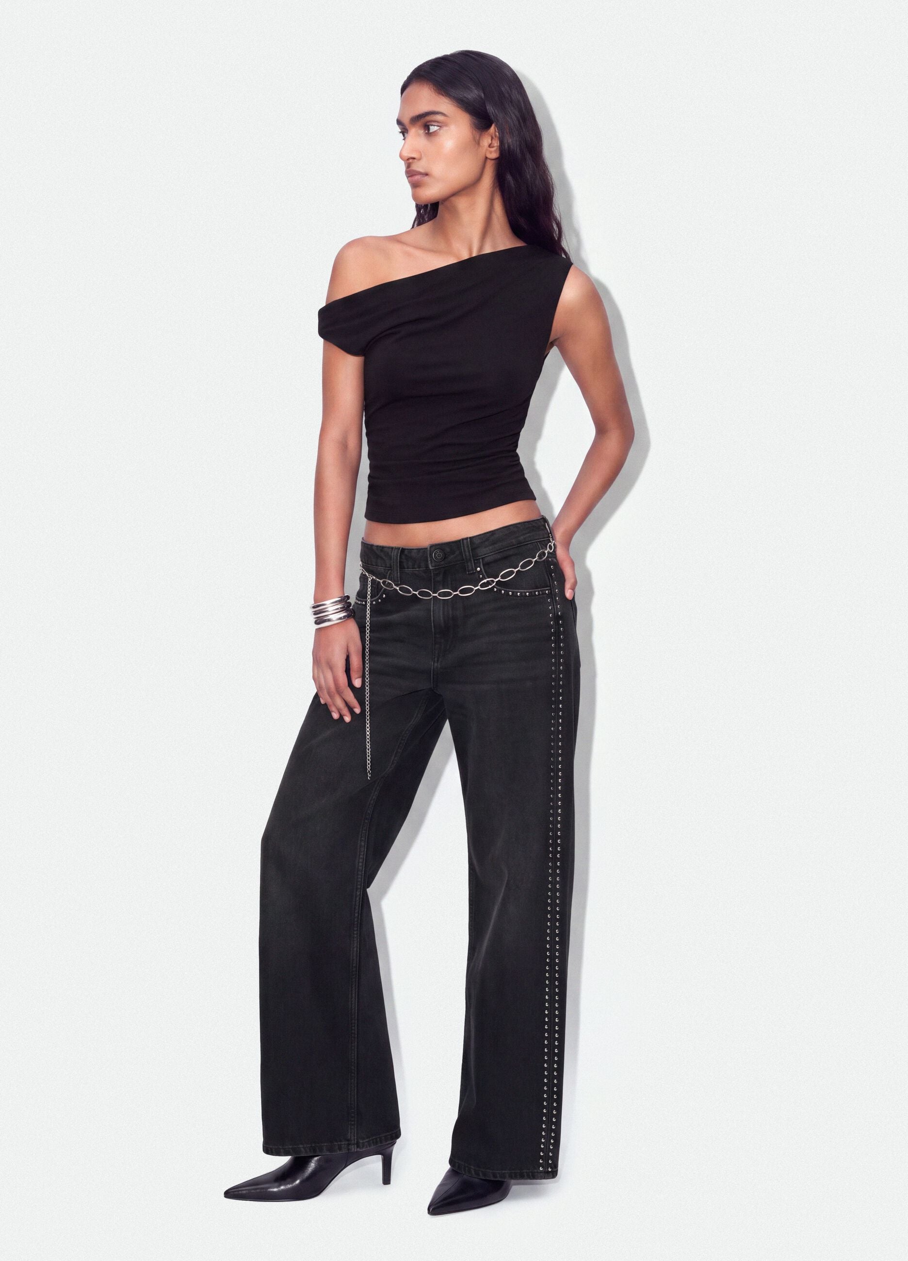 Black asymmetric one-shoulder slim-fit stretch viscose top