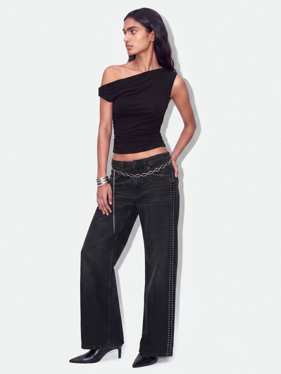 Top nero asimmetrico monospalla in viscosa elasticizzata slim fit_1