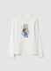 White organic cotton T-shirt with high neck and teddy bear print_0
