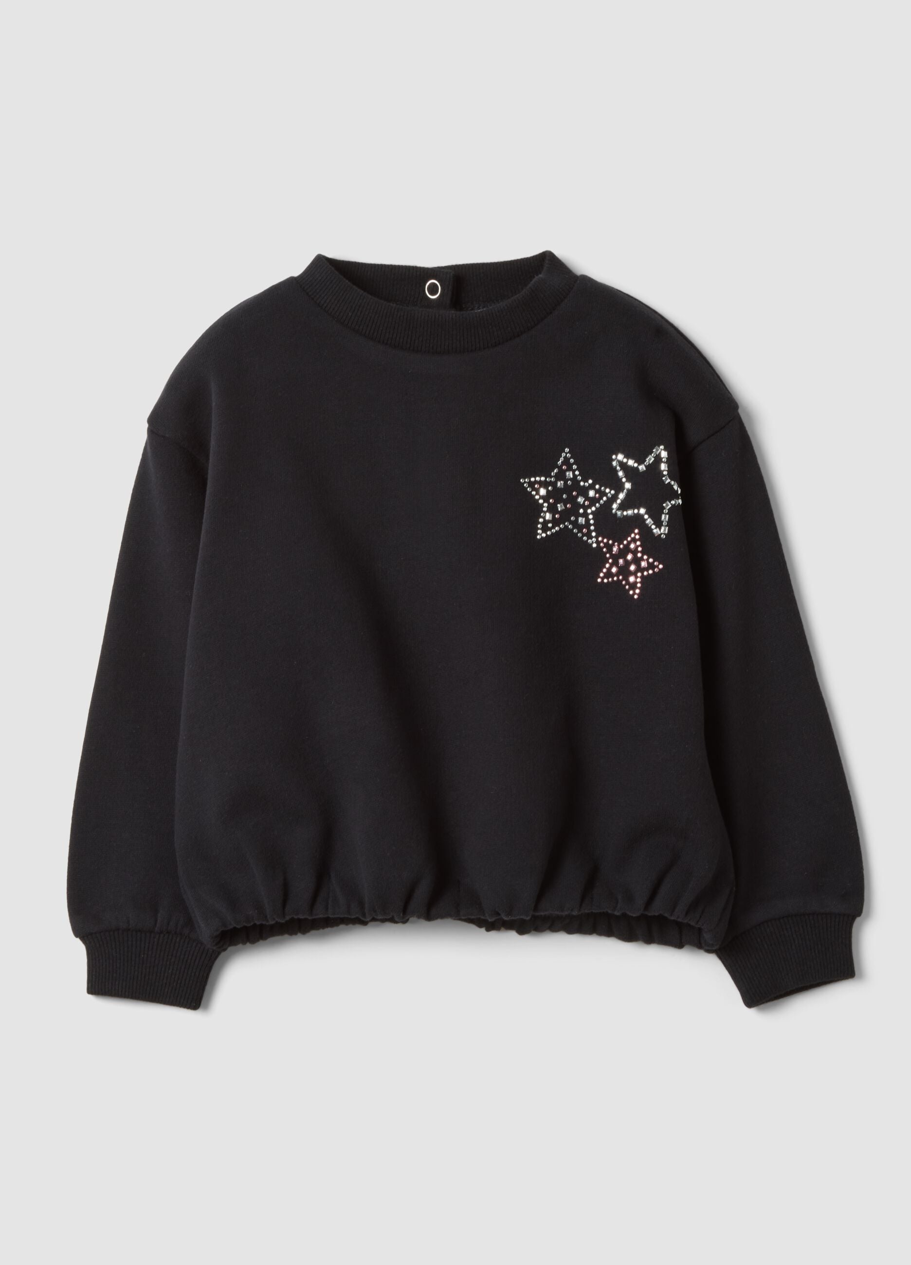 Black pure cotton crew-neck sweatshirt with rhinestones for baby girl