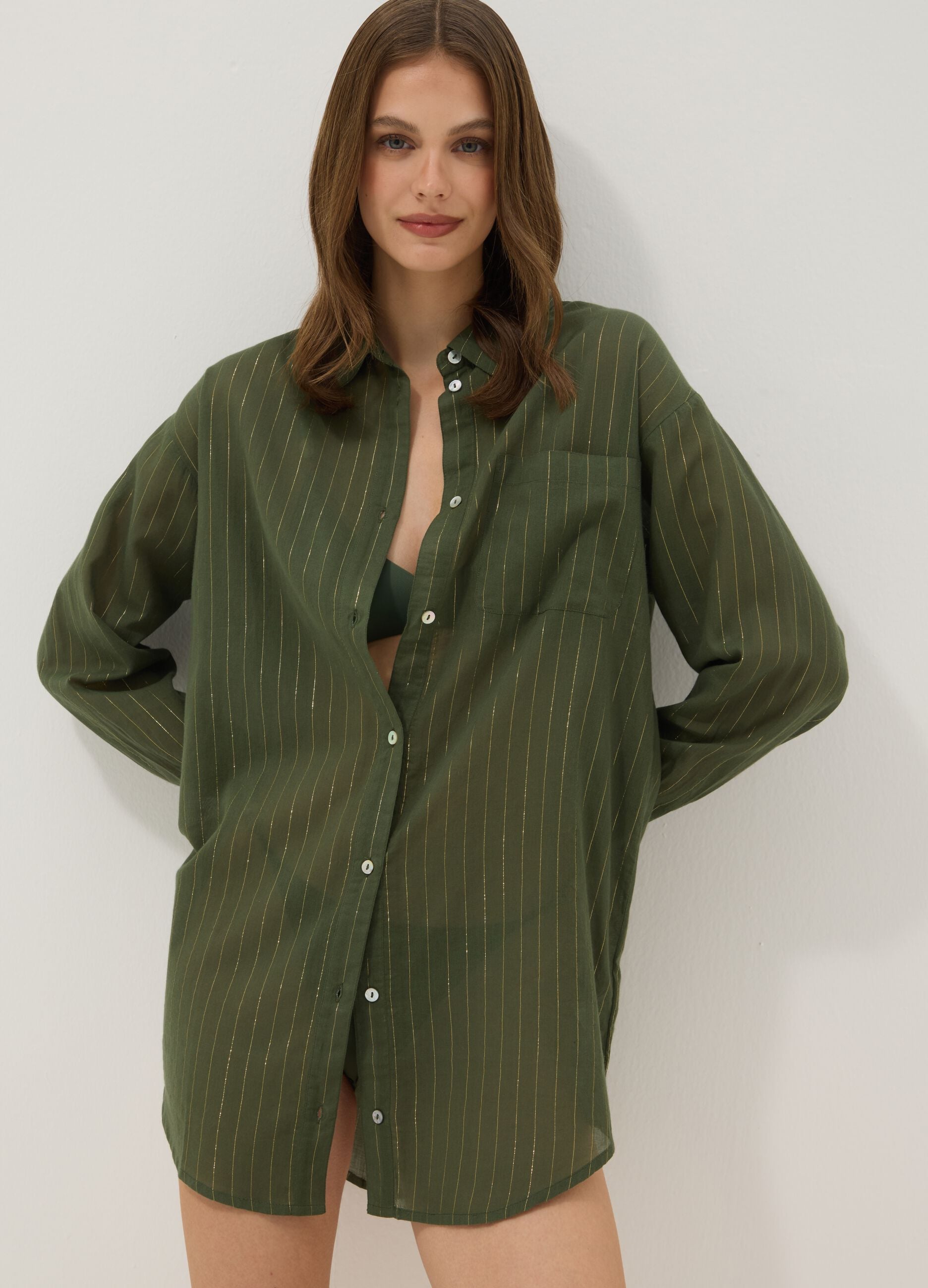Green cotton-blend kaftan with gold stripes