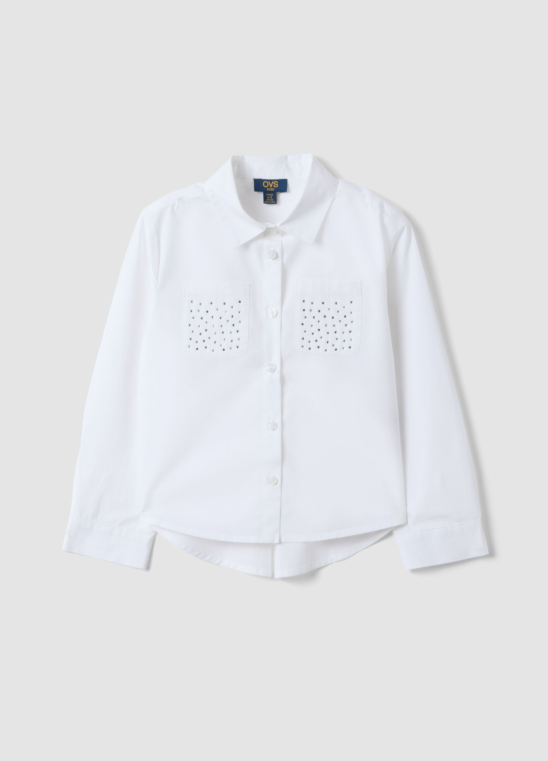 White pure cotton shirt with rhinestones, regular fit, for girls