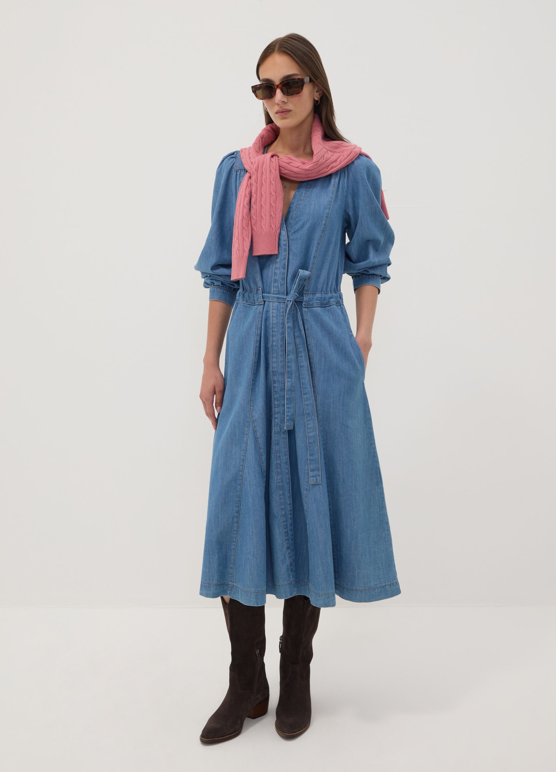 Blue pure cotton denim dress with deep V-neck regular fit