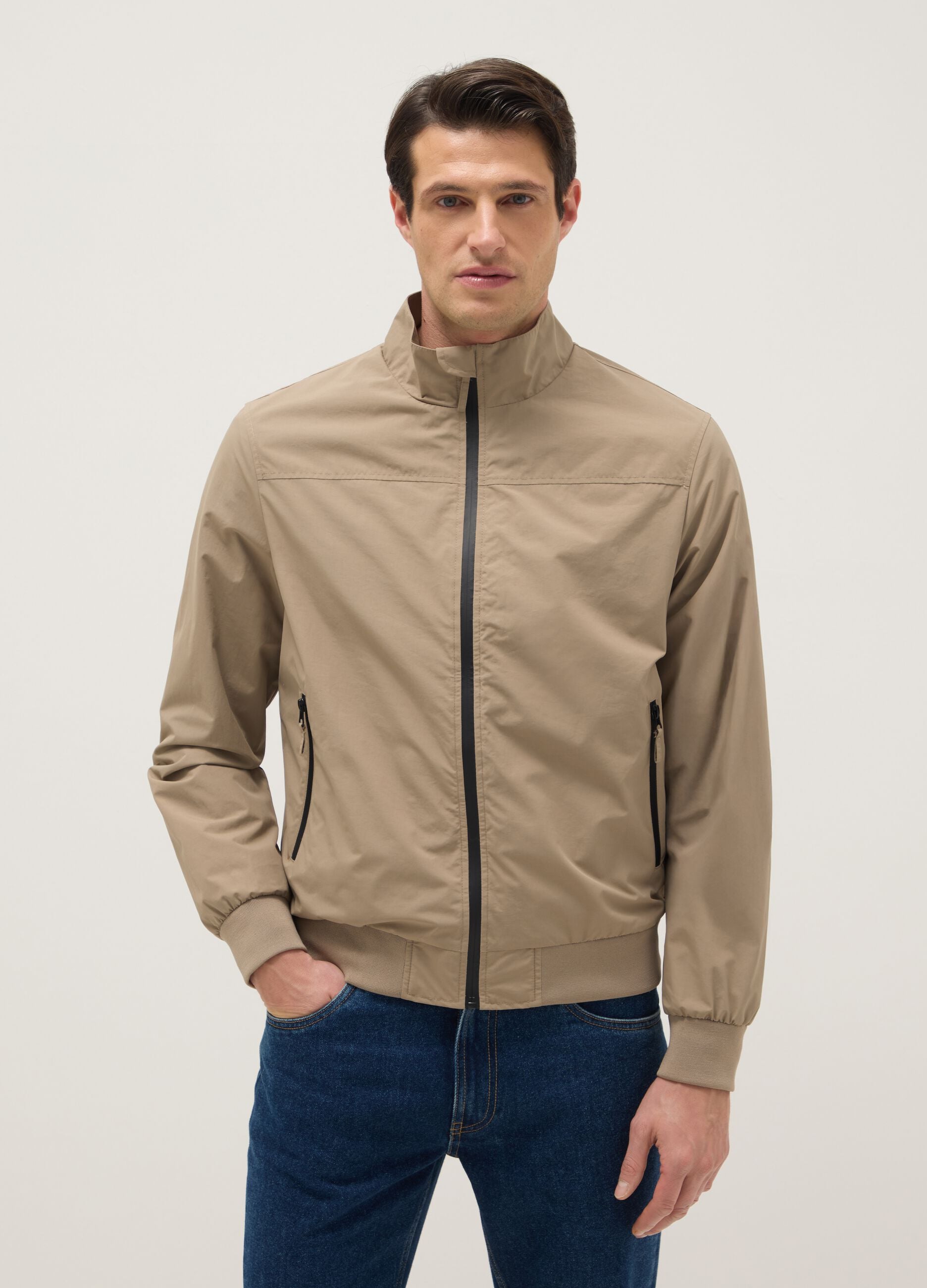 Beige regular fit bomber jacket with zip