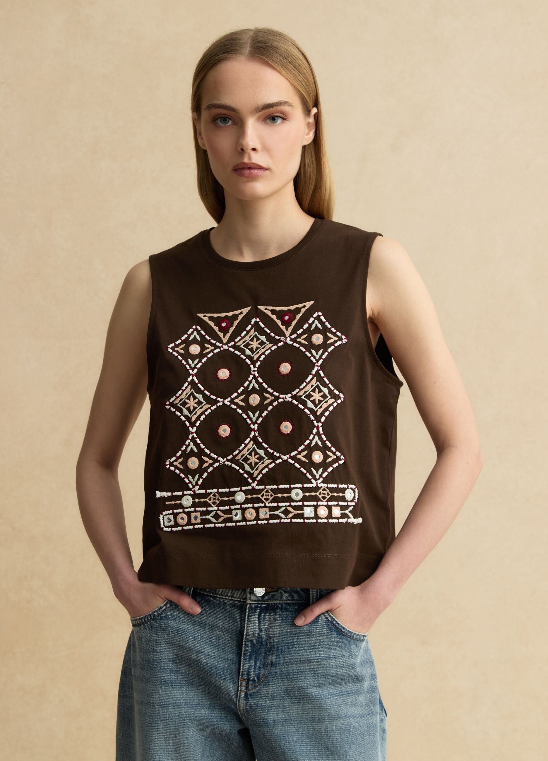 Brown pure cotton regular fit tank top with embroidery
