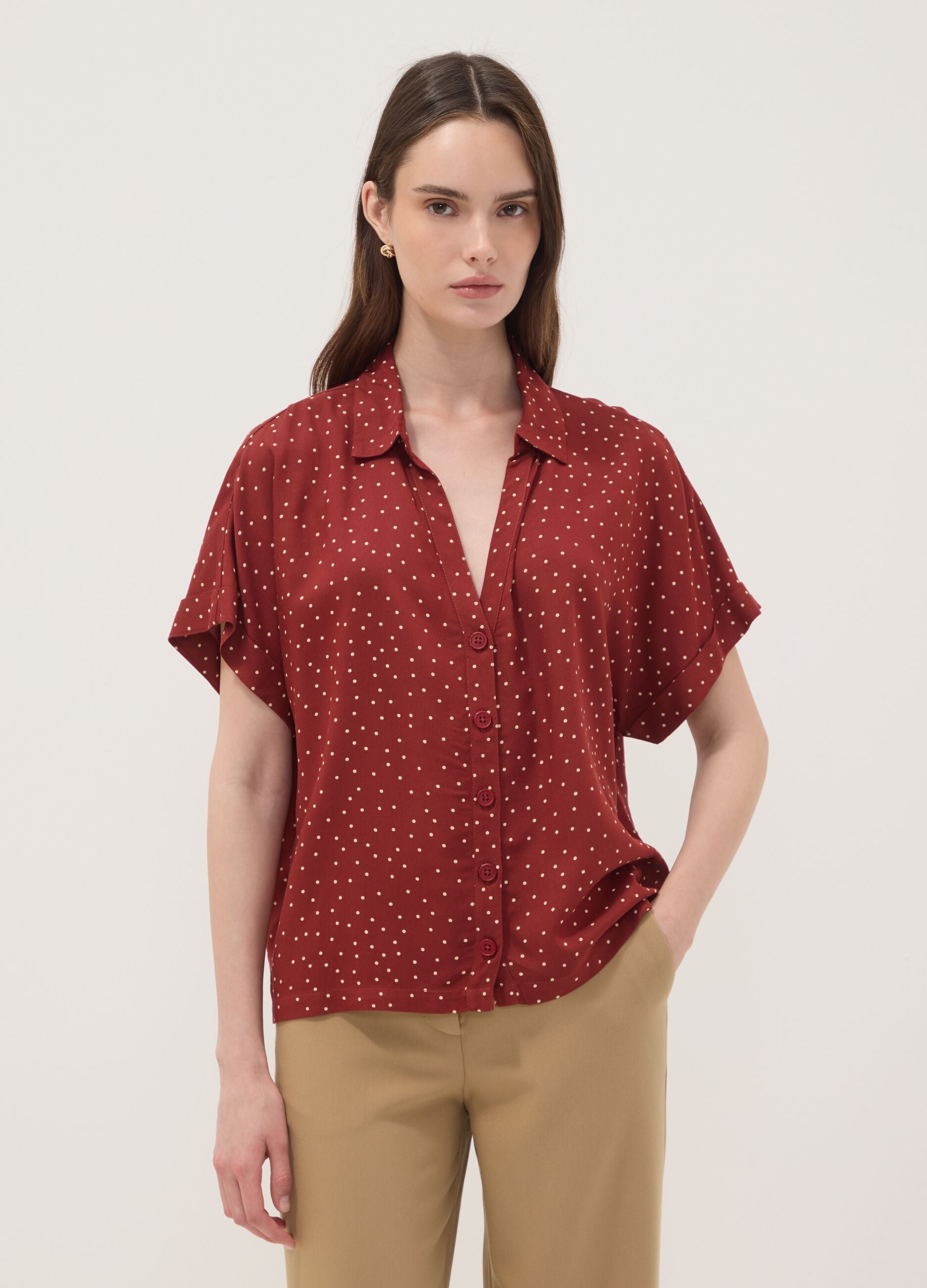 Red polka-dot pure viscose short-sleeved oversized shirt