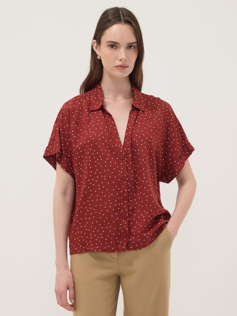 Red polka-dot pure viscose short-sleeved oversized shirt_0