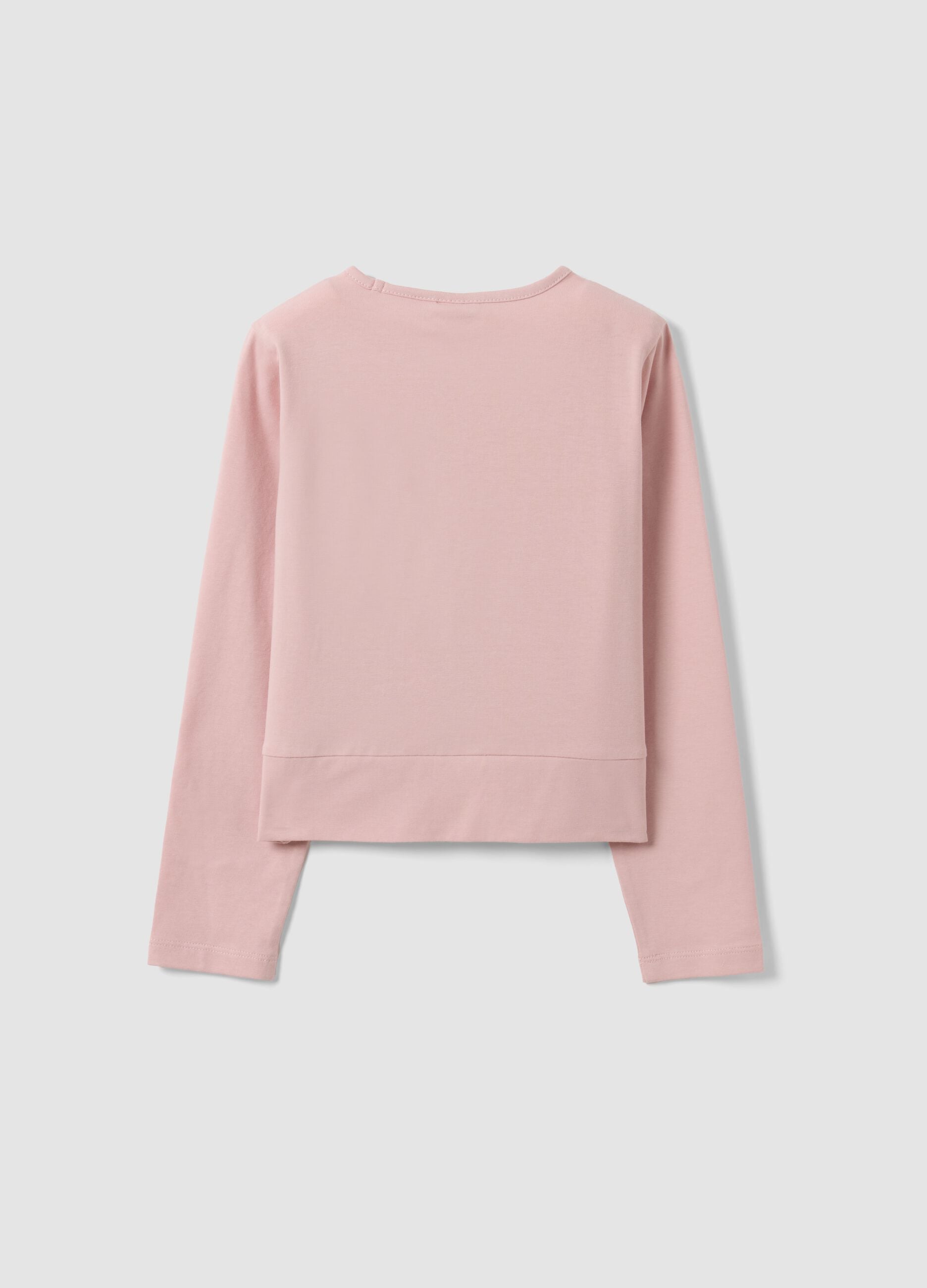 Pink stretch cotton T-shirt with front knot and print for girls