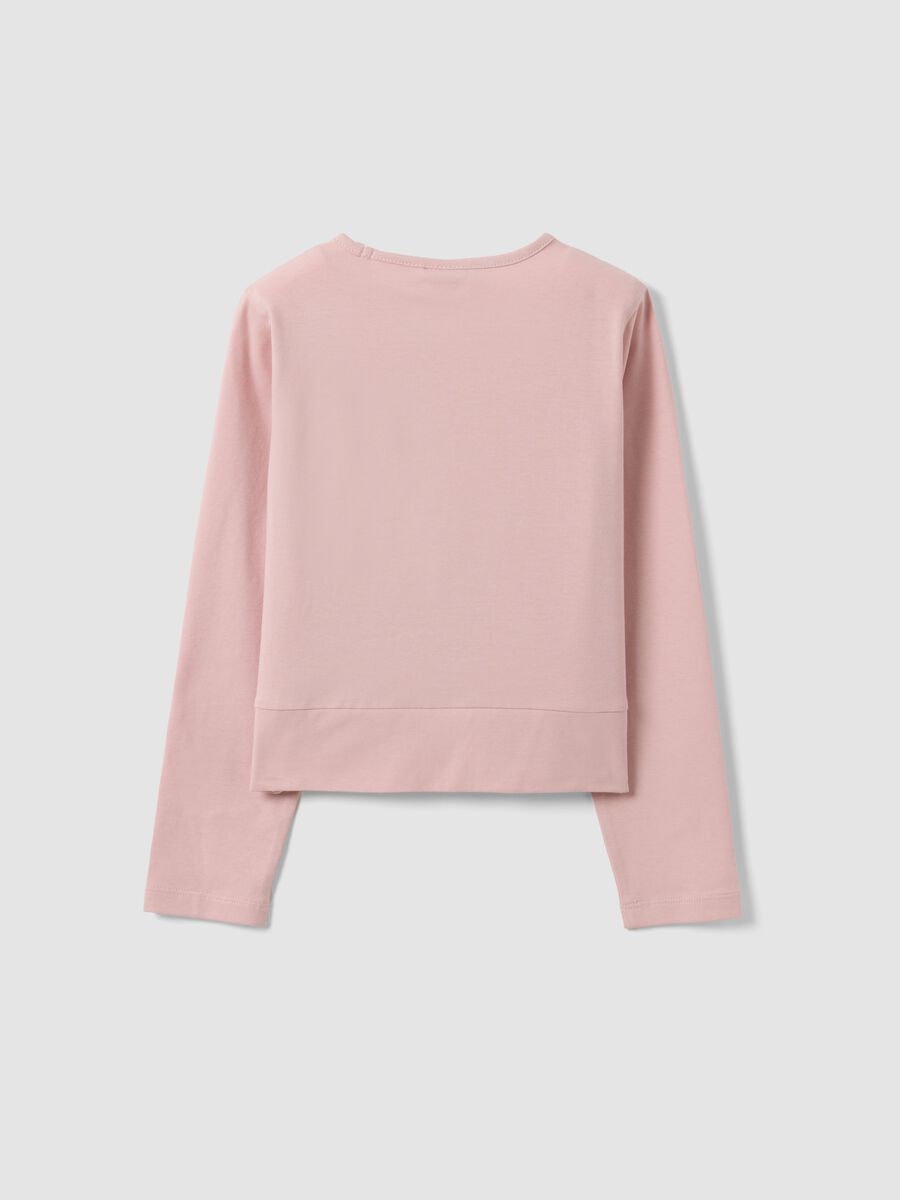 Pink stretch cotton T-shirt with front knot and print for girls_1