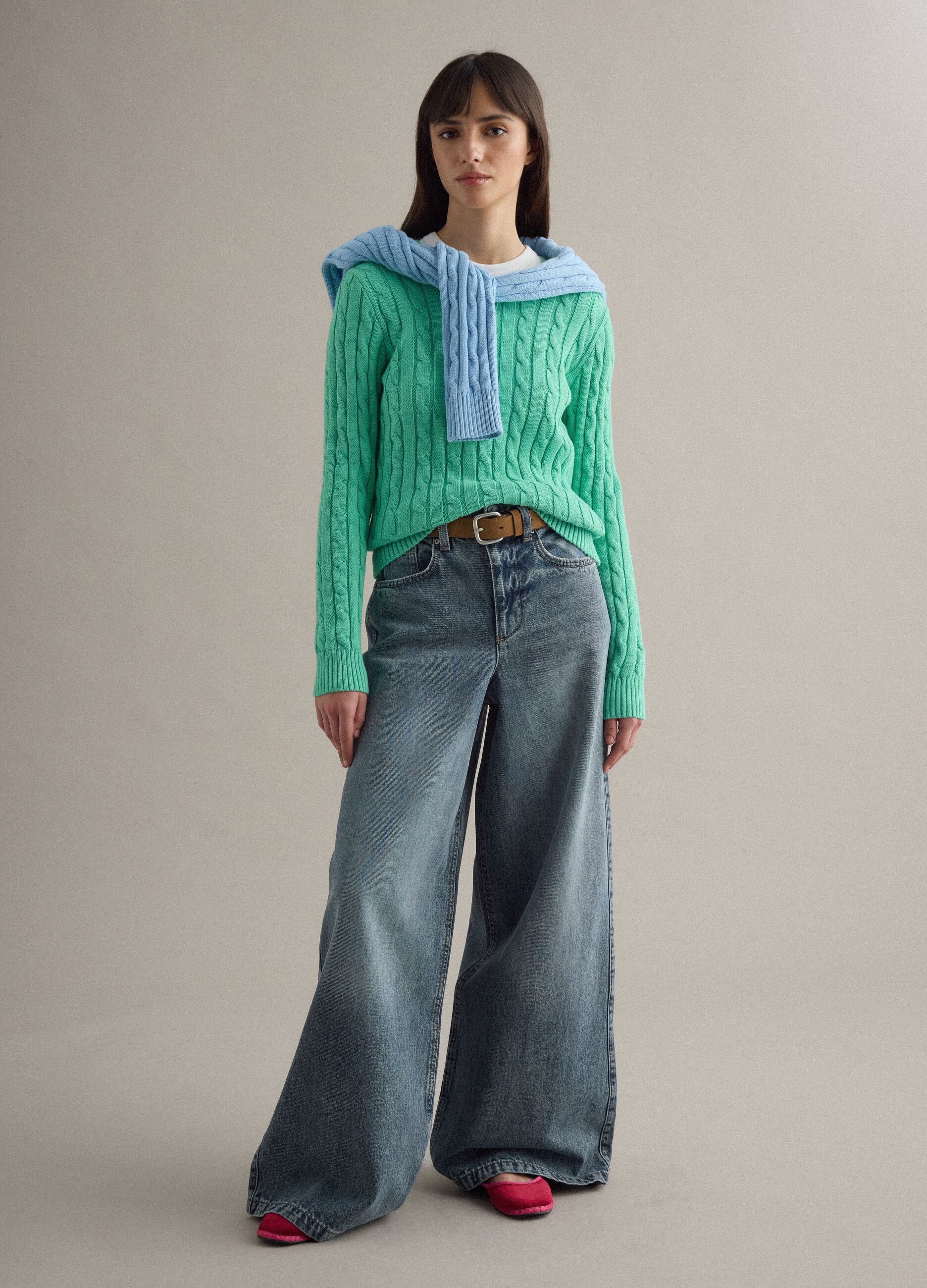Green pure cotton regular fit sweater with cable knit