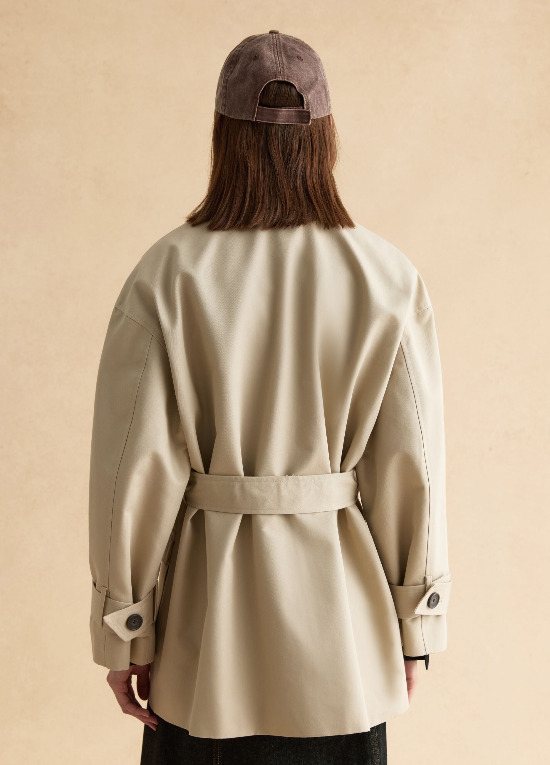 Beige cotton blend regular fit trench with belt