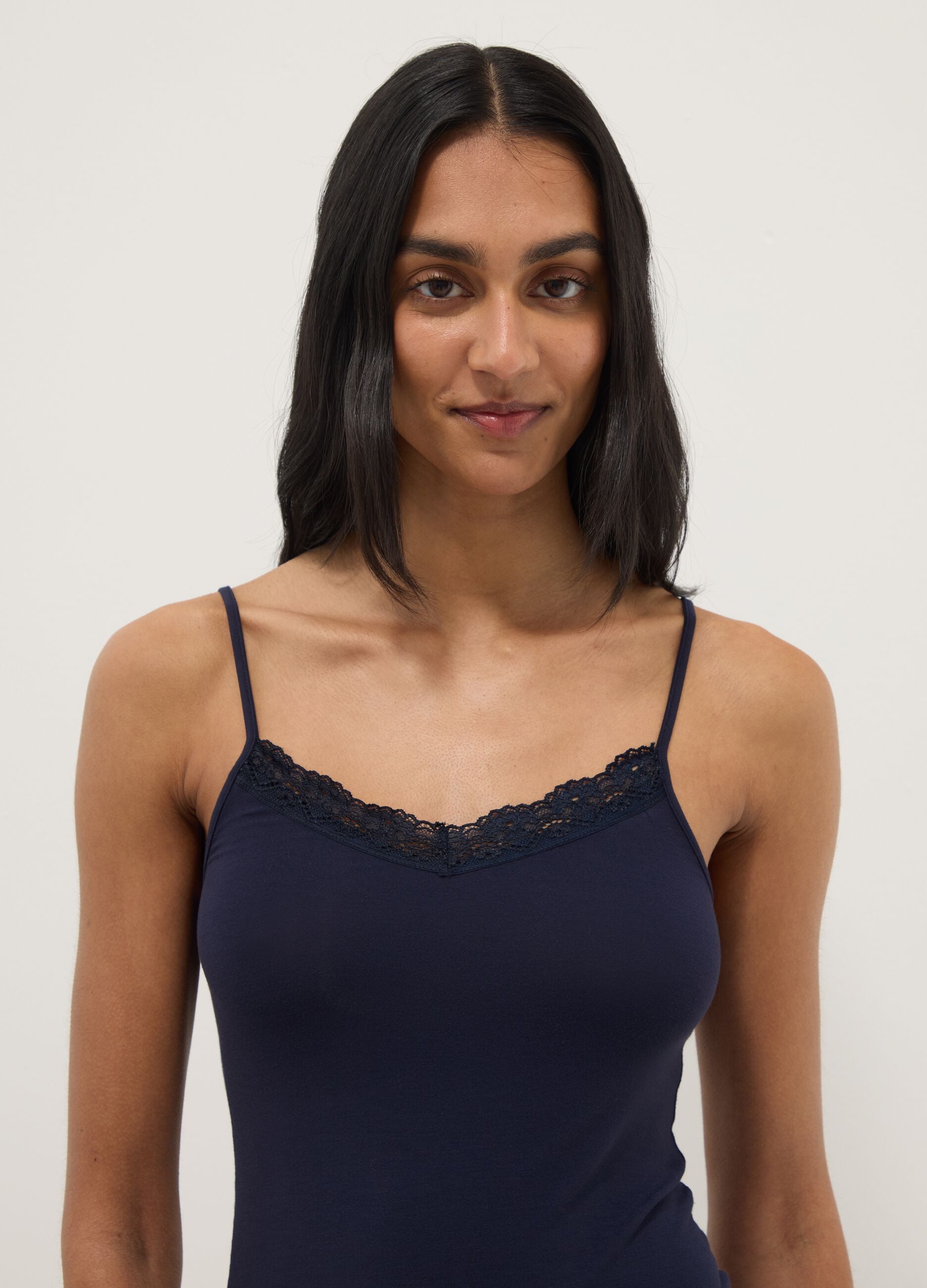 Blue slim fit stretch viscose camisole with lace