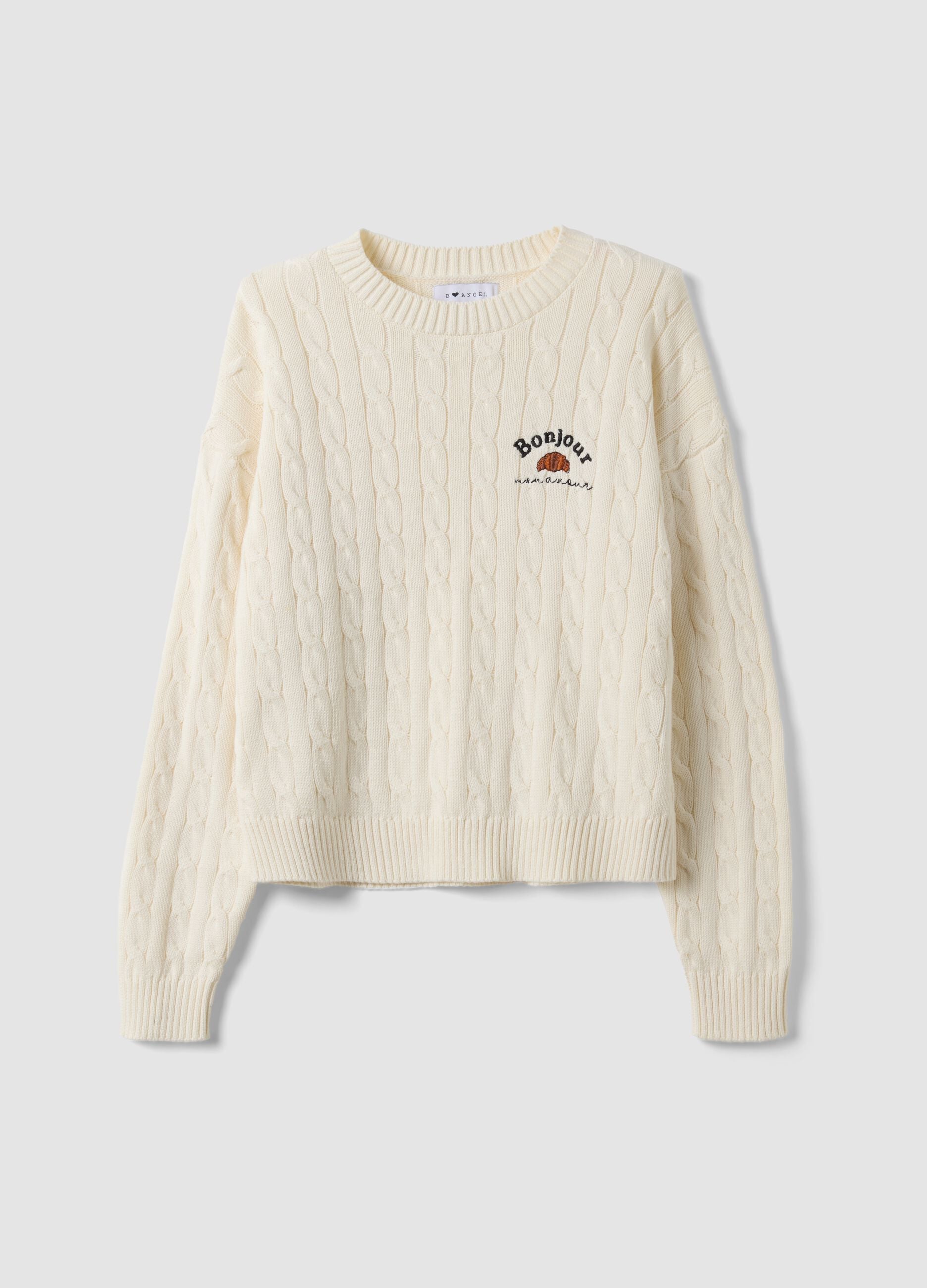 White pure cotton cable-knit jumper with croissant embroidery