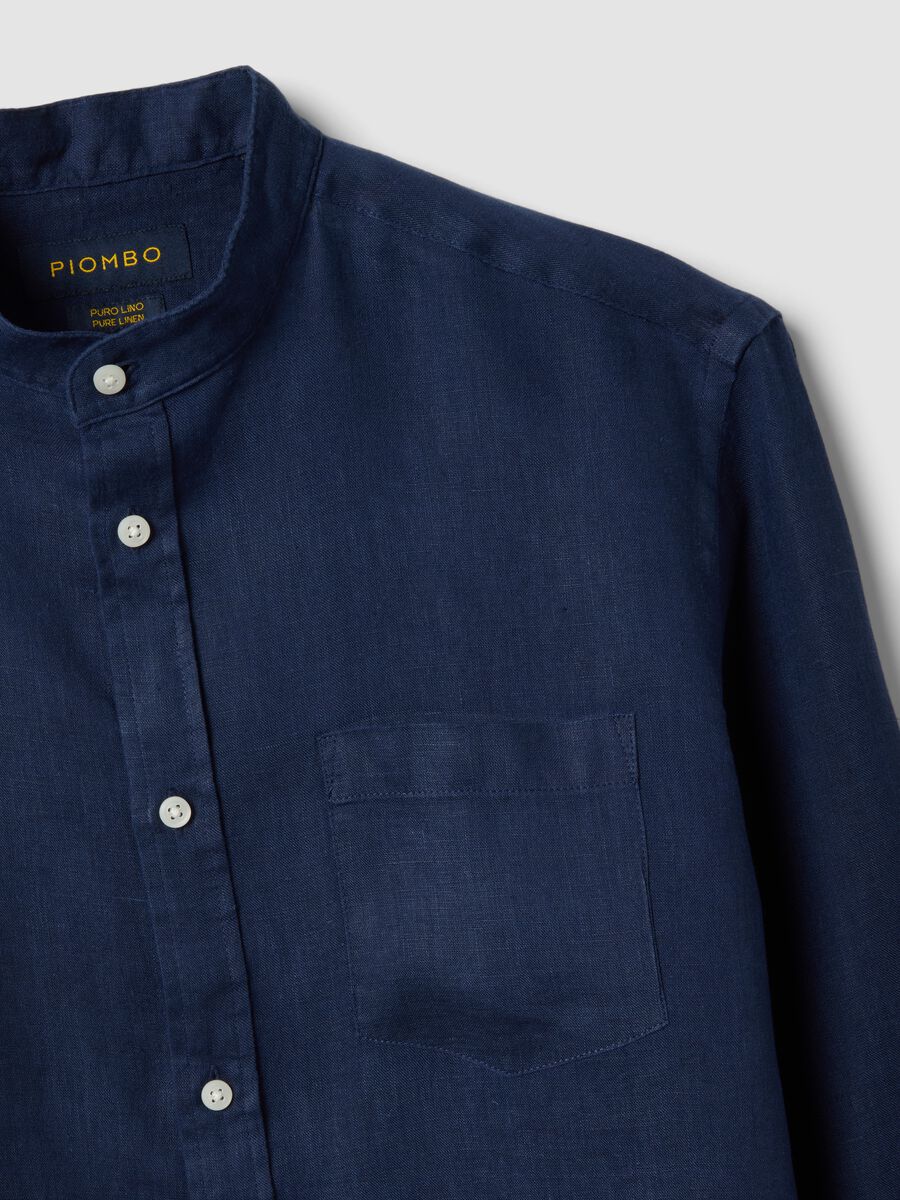 Blue pure linen shirt with band collar, regular fit_5