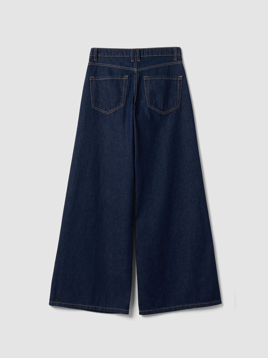 Dark blue low-rise wide-leg pure cotton jeans_5