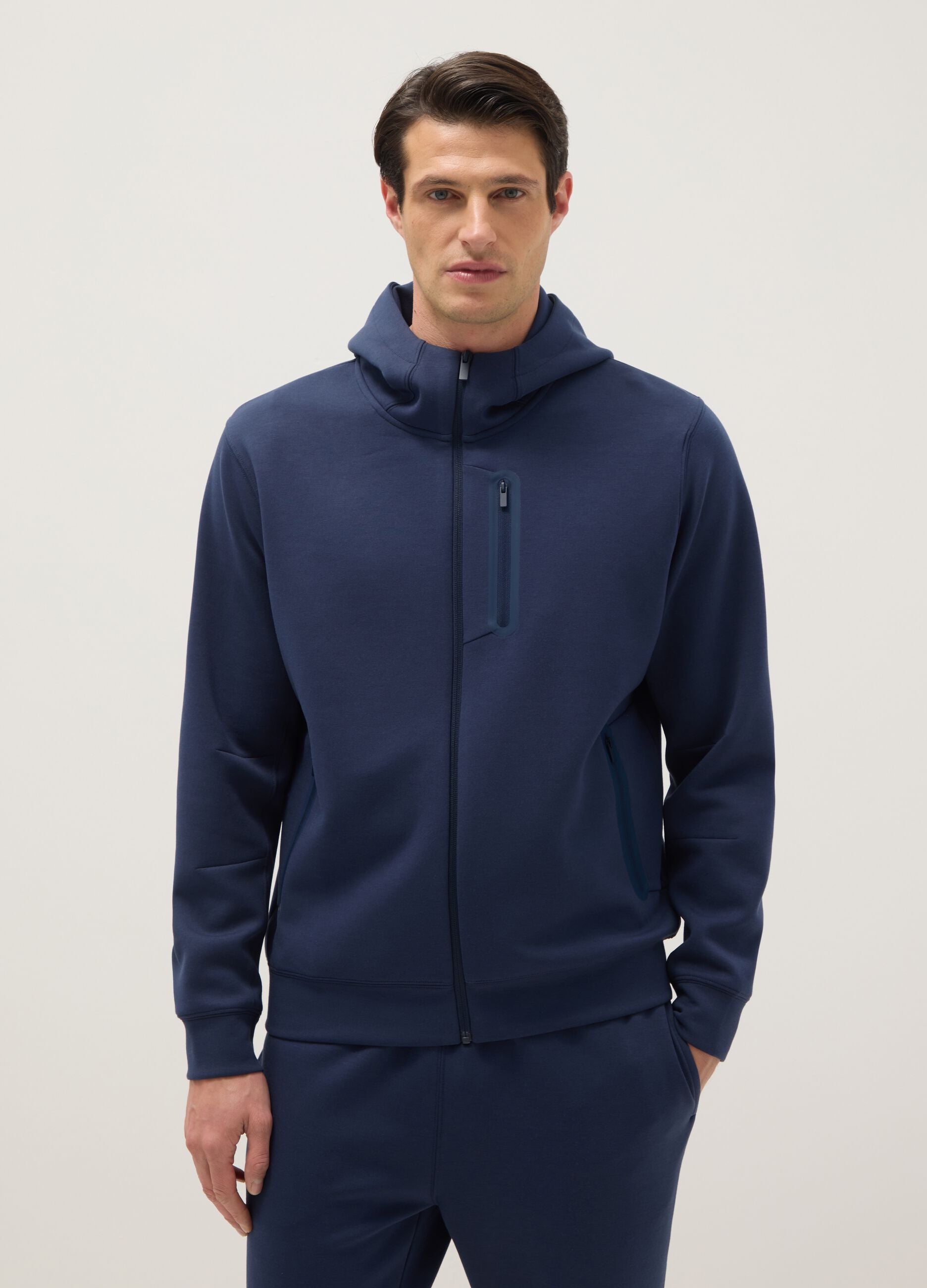 Blue Regular Fit Hooded Sweatshirt with Front Zip Neck