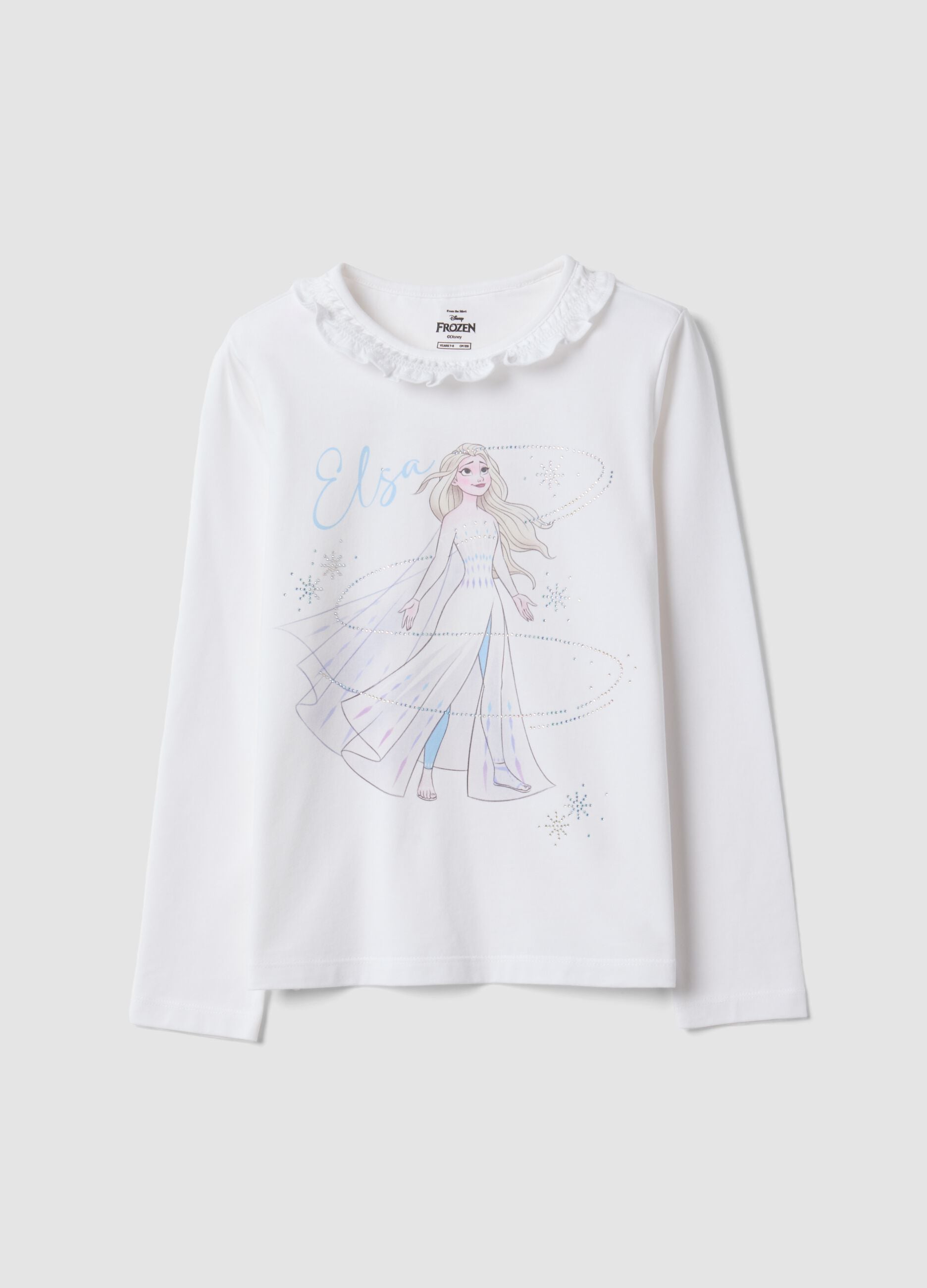 White stretch cotton T-shirt with ruffle neck and Frozen print for girls