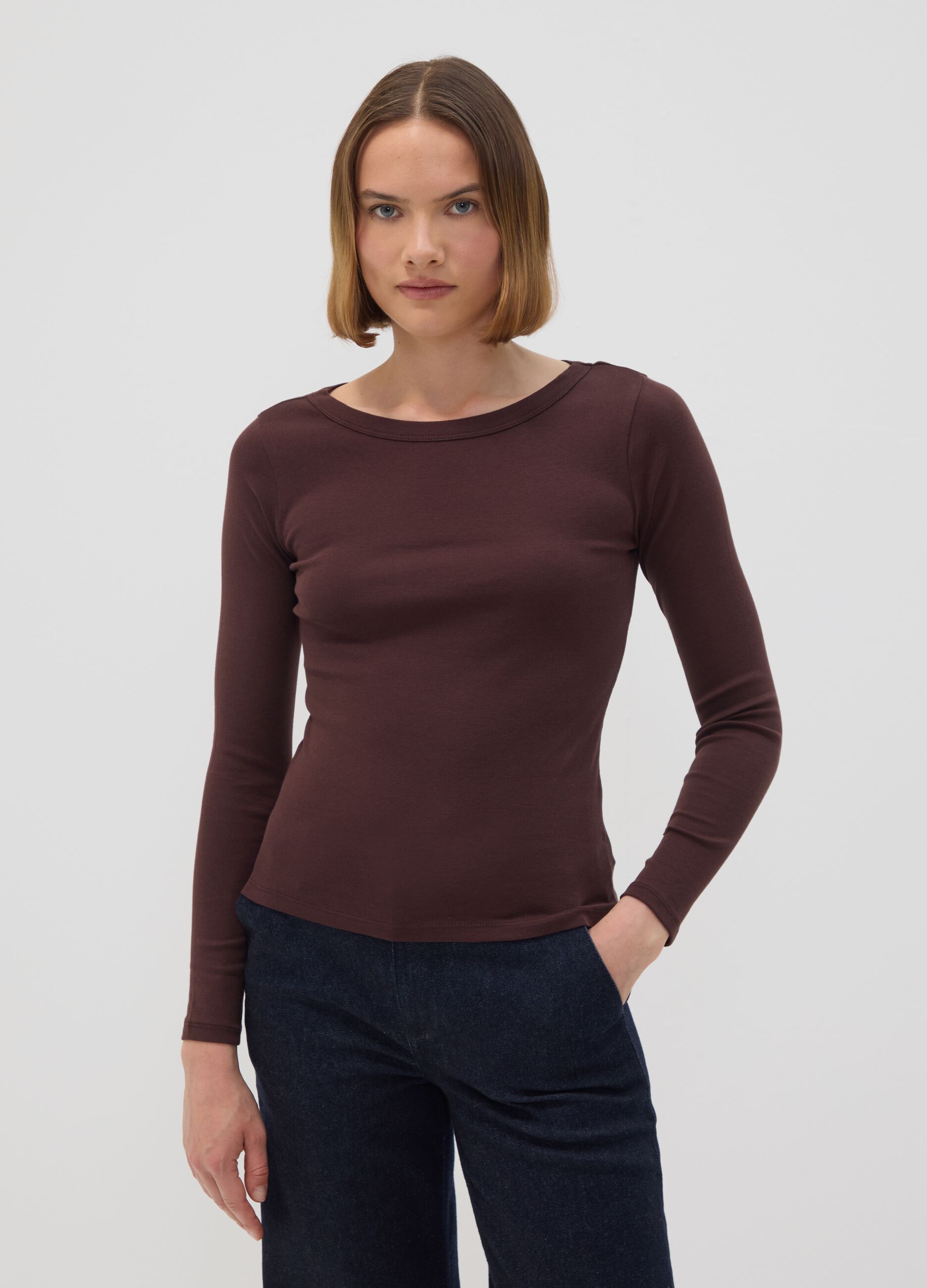 Brown pure cotton regular-fit crew-neck T-shirt