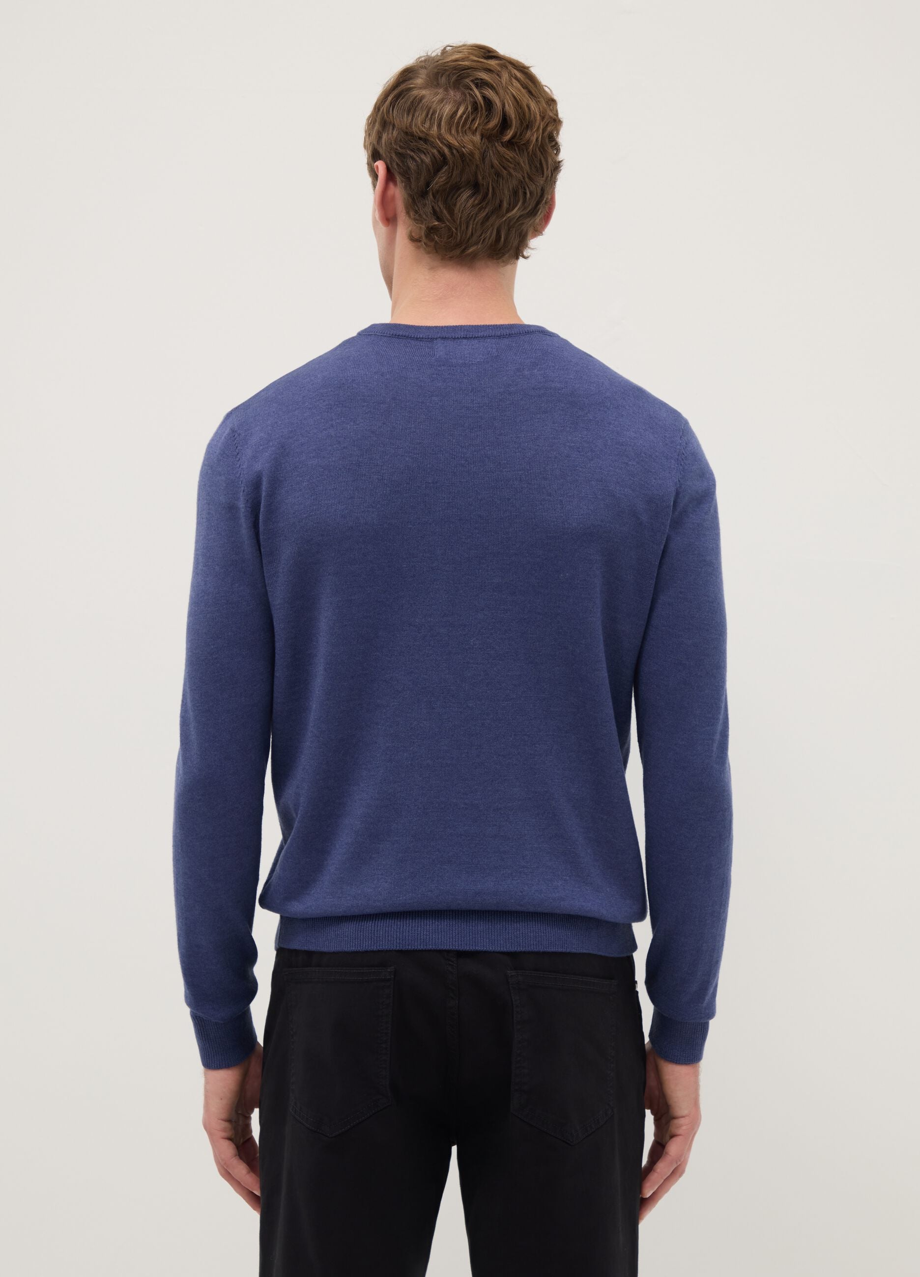 Blue cotton-blend crew neck sweater, regular fit