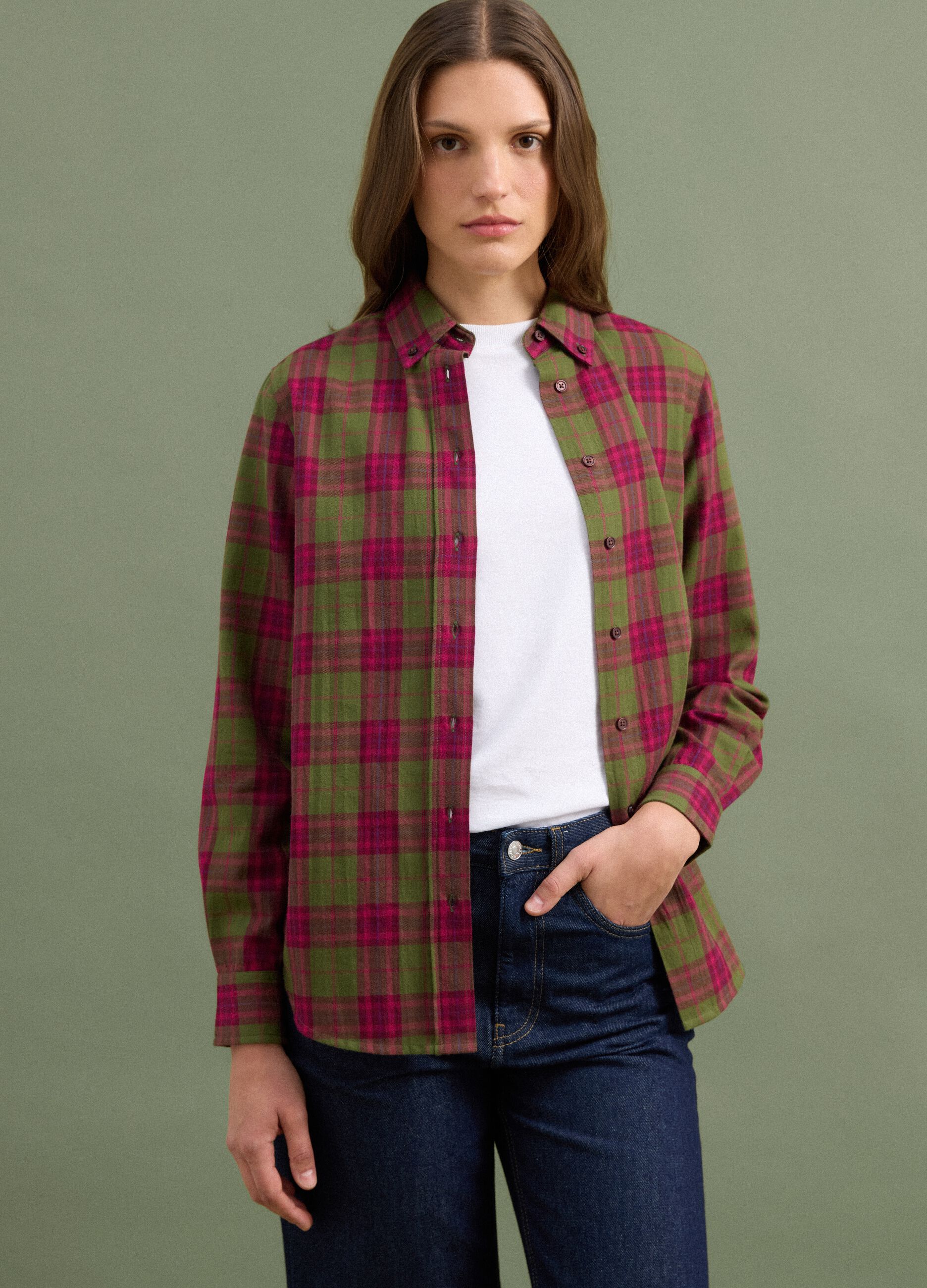 Green checked pure cotton flannel shirt, regular fit