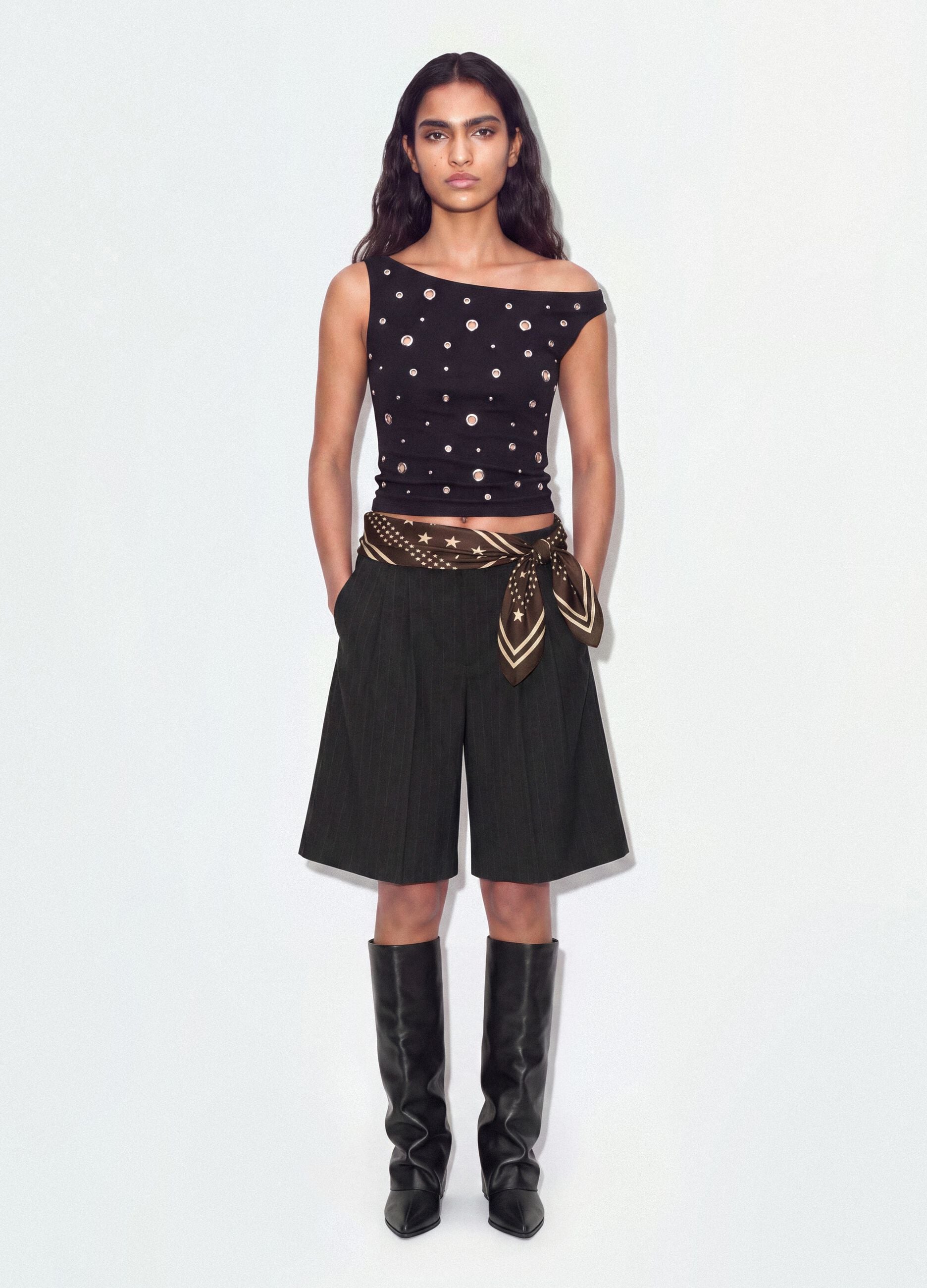 Grey wide-leg stretch viscose Bermuda shorts