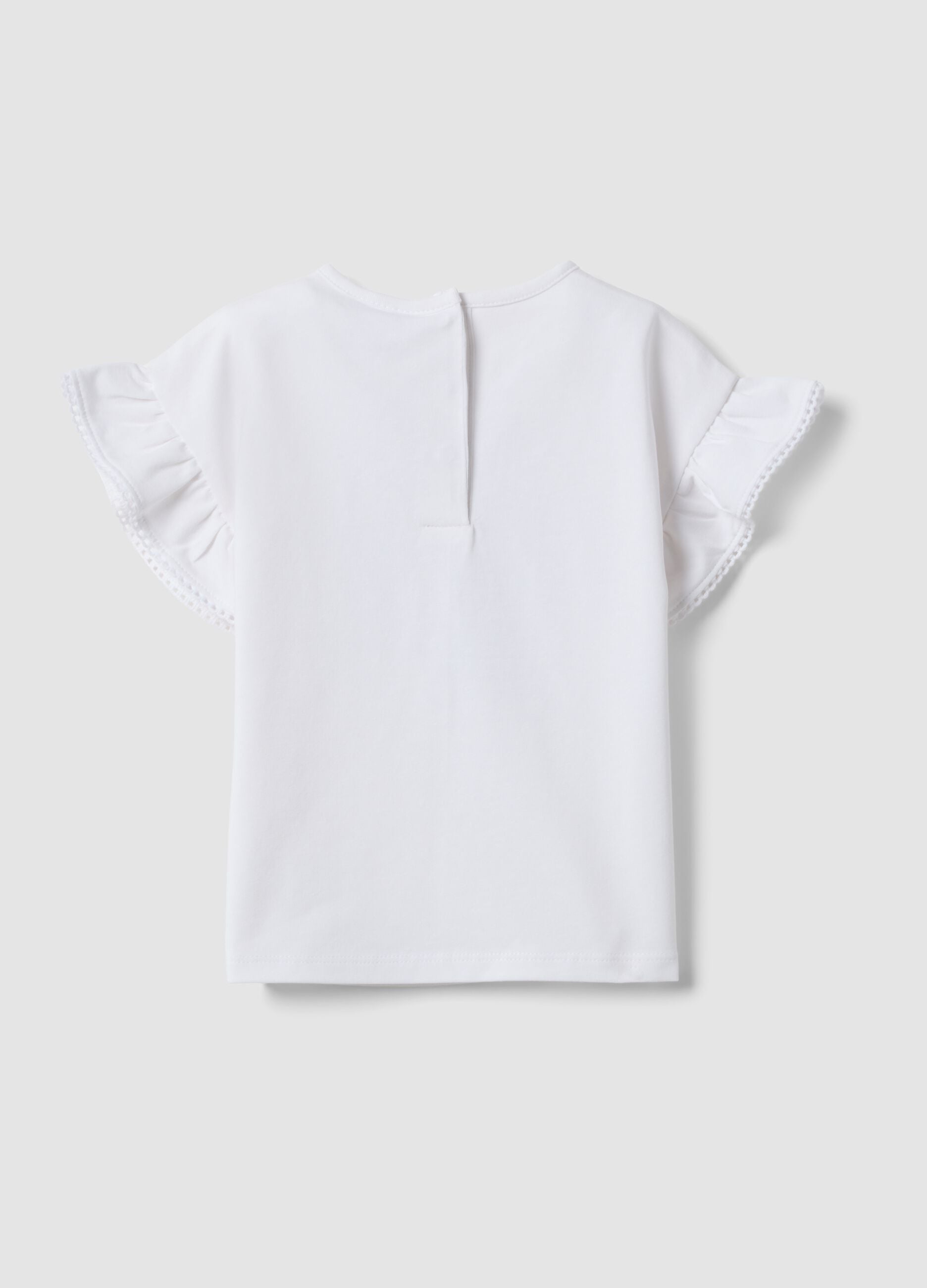 White stretch cotton T-shirt with short ruffle sleeves for baby girl, regular fit