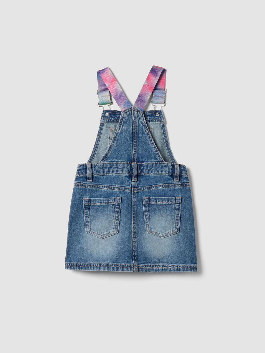 Girls&rsquo; blue denim dungarees in pure cotton with colourful braces_1