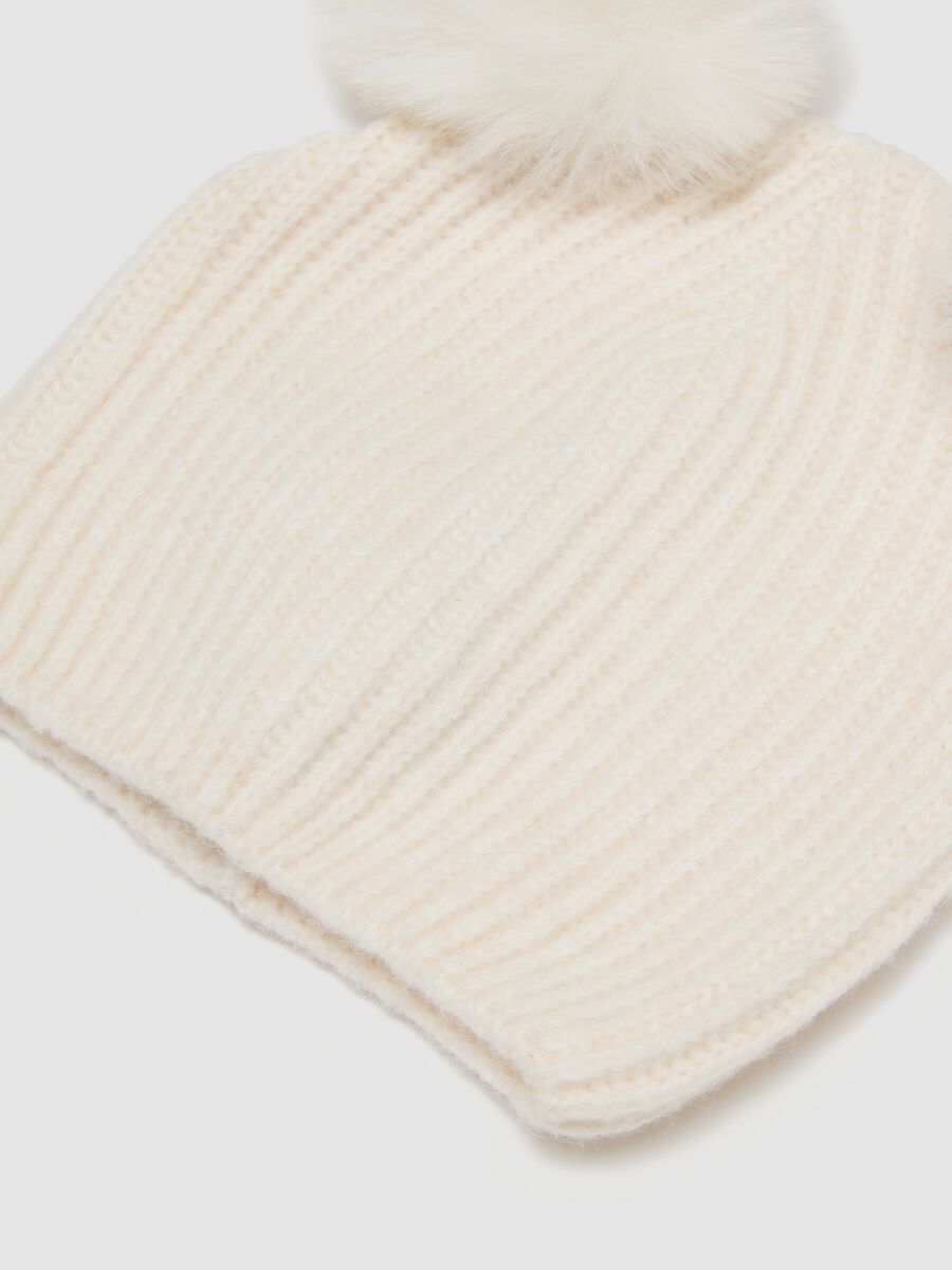 White ribbed wool-blend beanie with two pom-poms_1