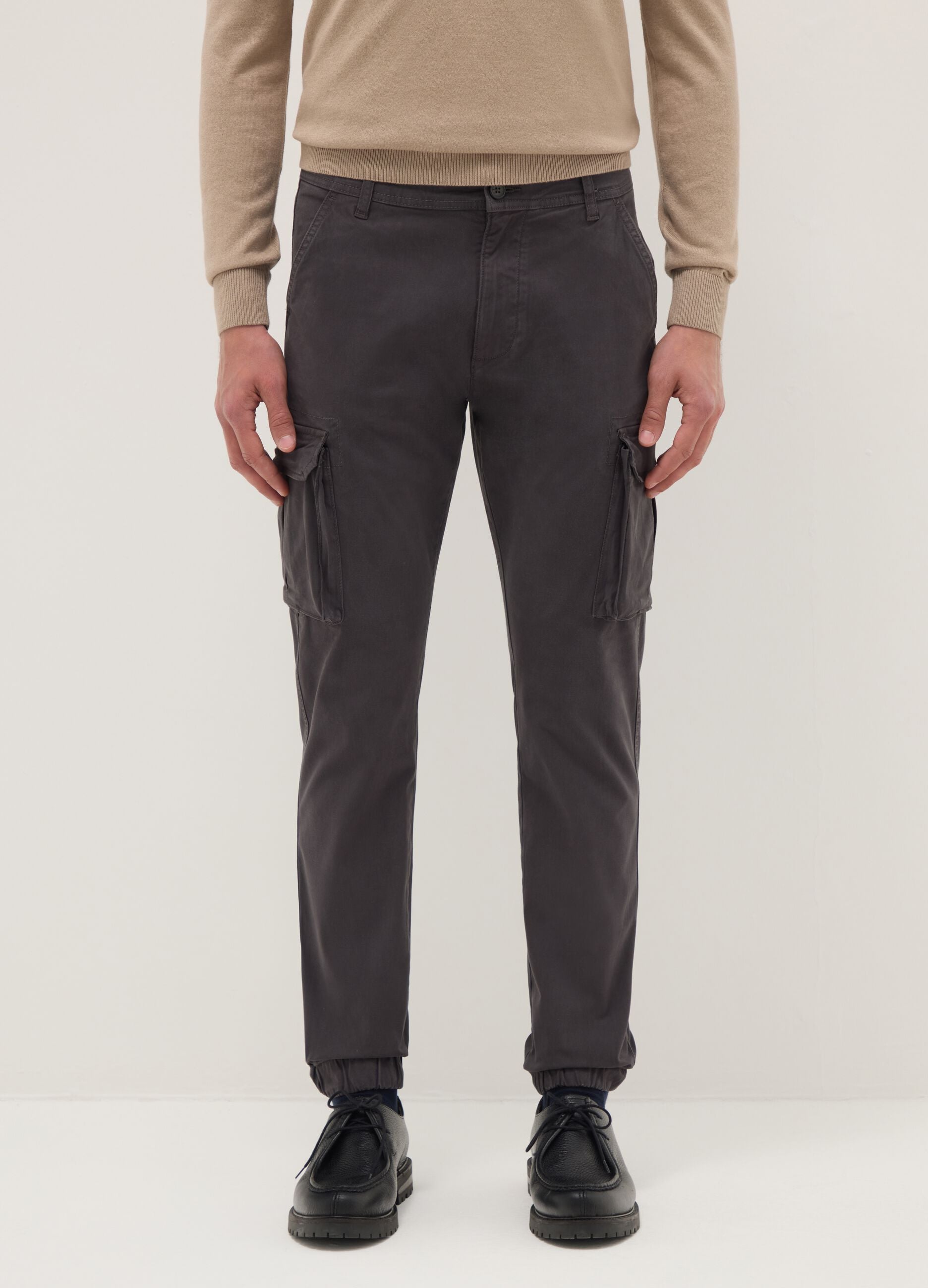 Grey slim fit stretch cotton cargo trousers