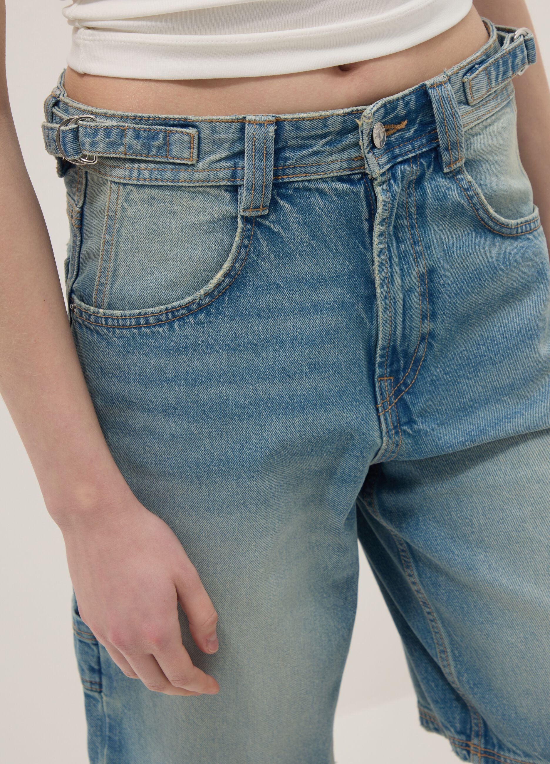 Light blue pure cotton denim Bermuda shorts, baggy fit