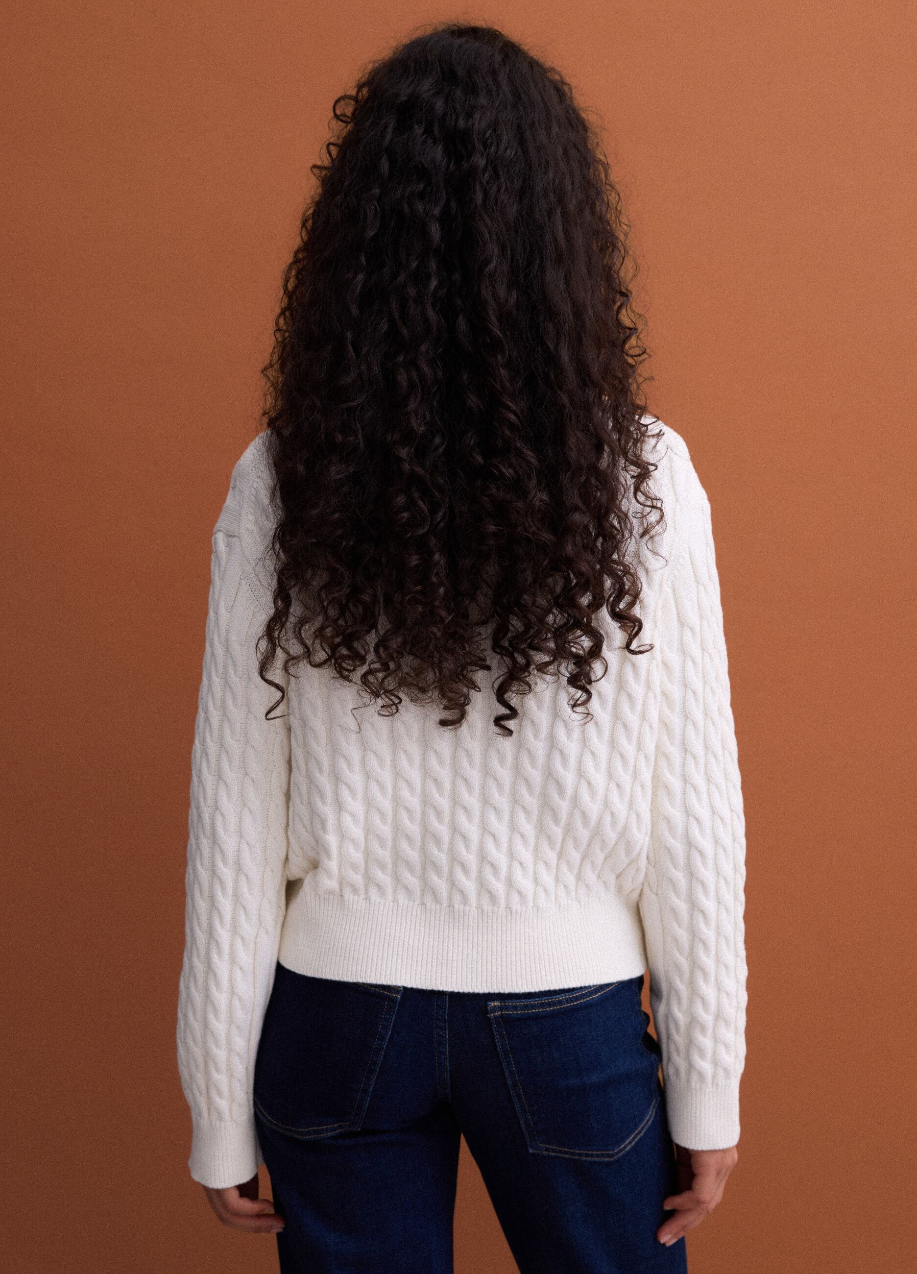 White crew-neck pure cotton cable-knit jumper, regular fit