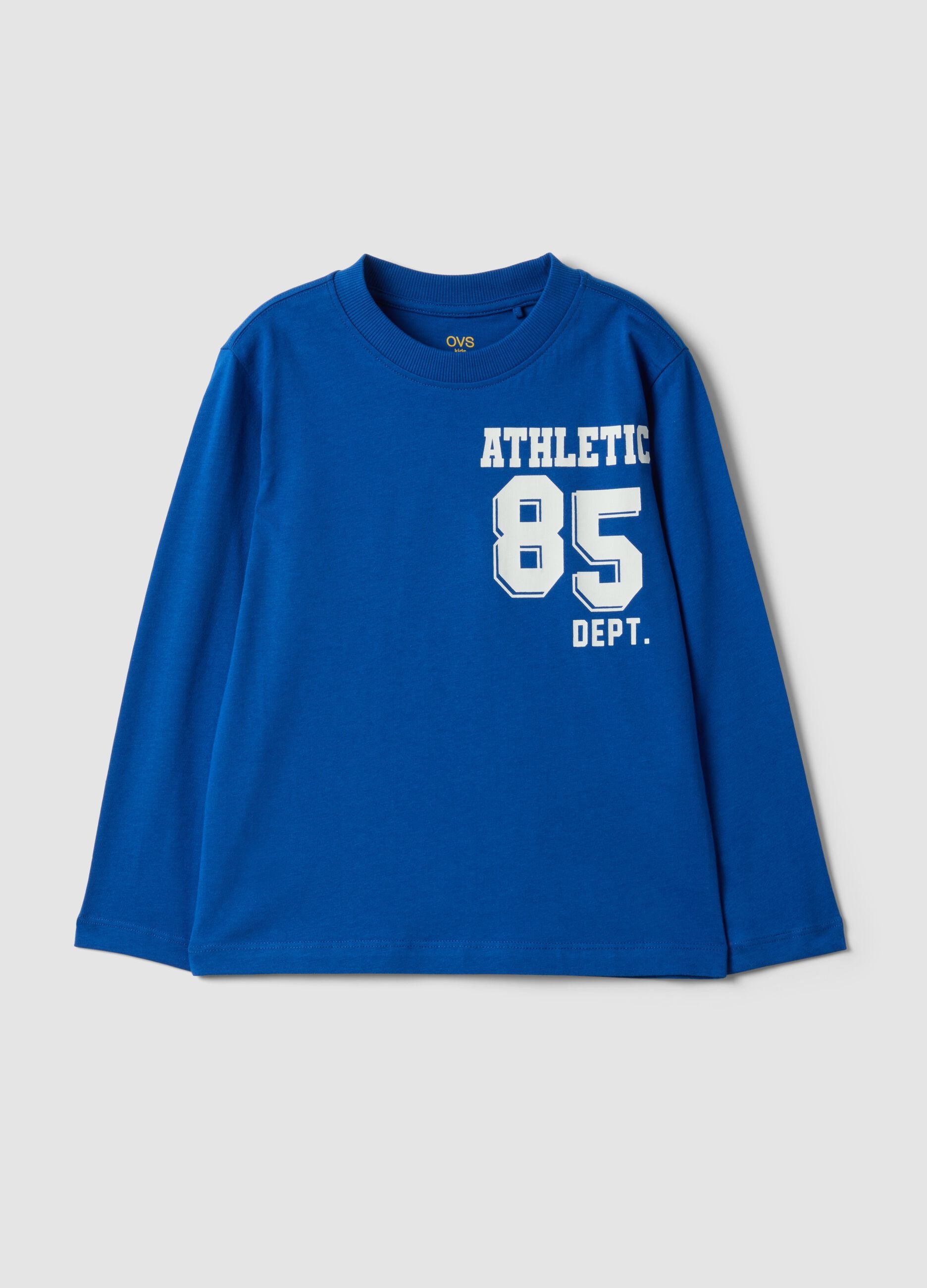 Blue organic cotton T-shirt with varsity print for boys