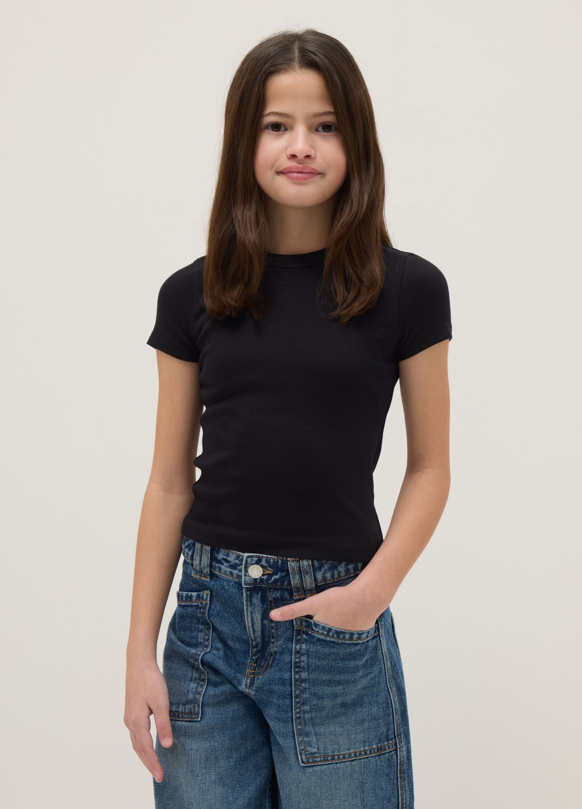 Black stretch cotton fitted t-shirt for girls