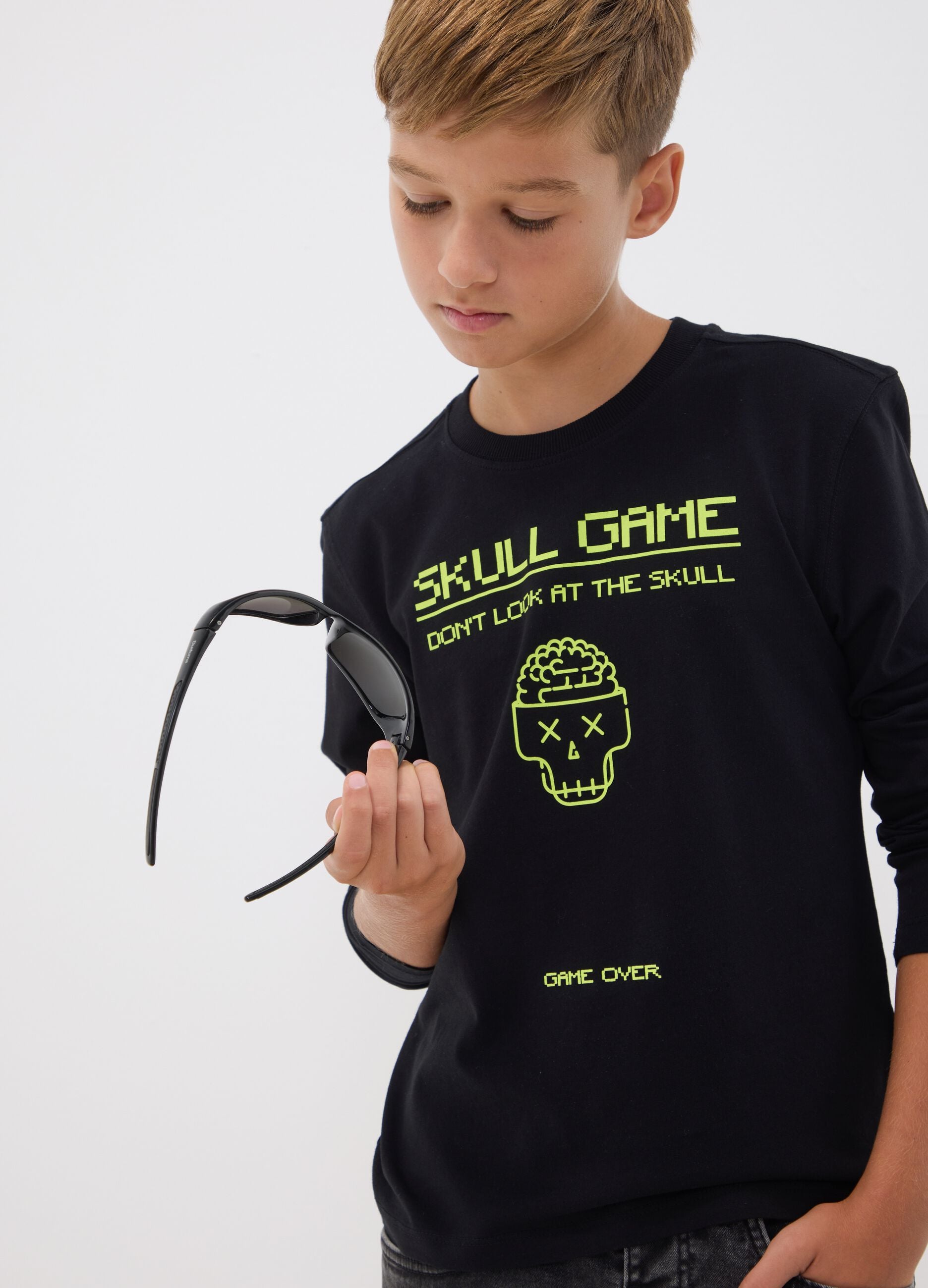 Black organic cotton crew-neck T-shirt with skull print for boys