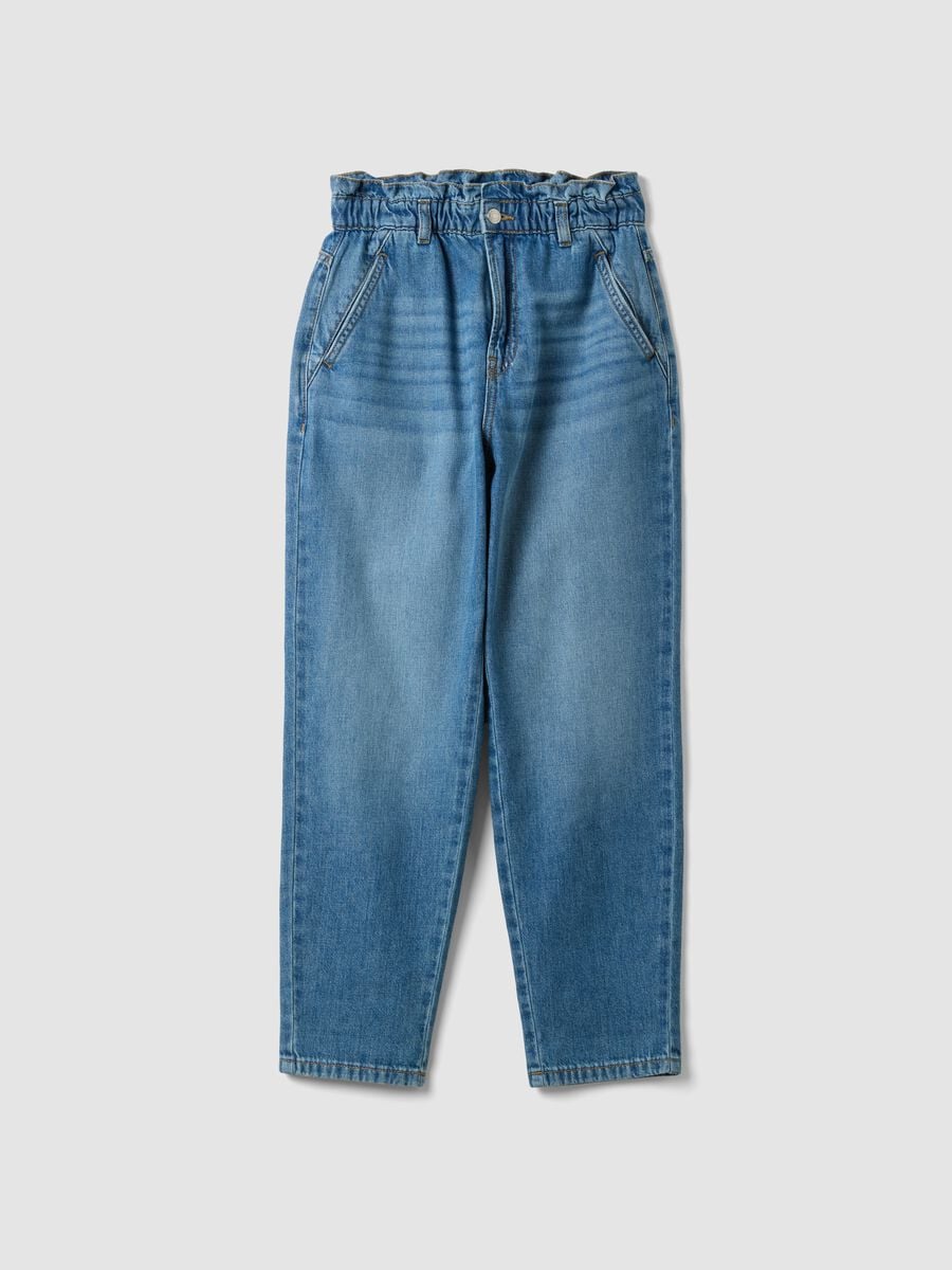 Light blue pure cotton denim jeans with paperbag waist, baggy fit_4