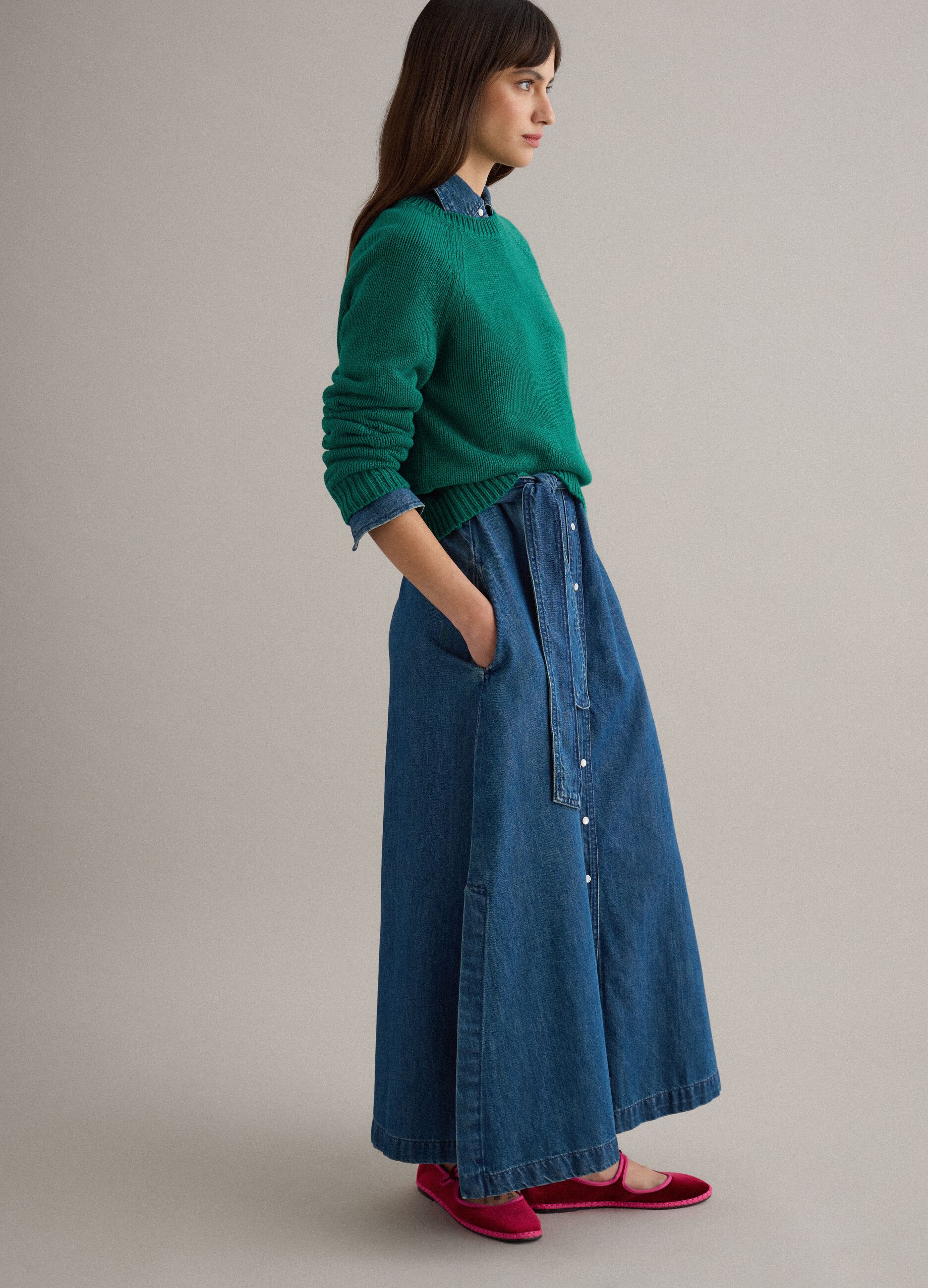 Green crew neck pullover in pure cotton regular fit