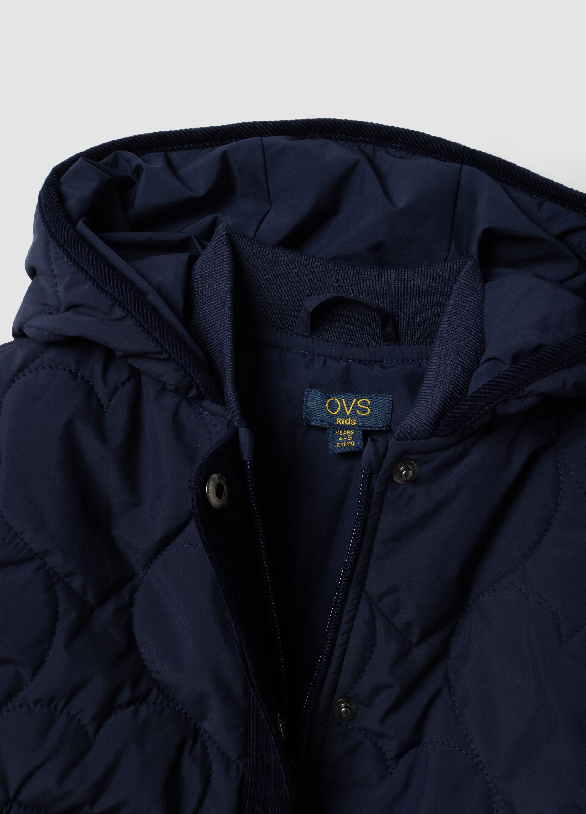 Girls&rsquo; blue quilted hooded jacket with ribbed trims