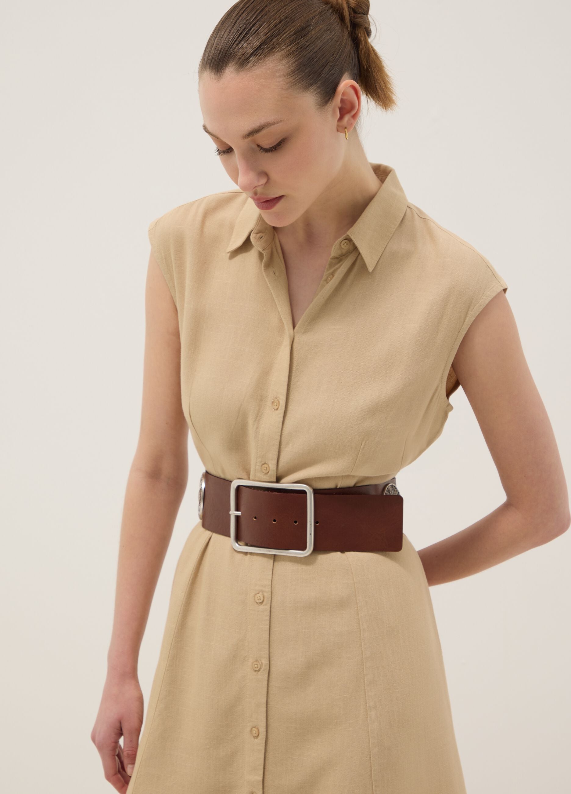 Beige viscose and linen-blend shirt dress, regular fit