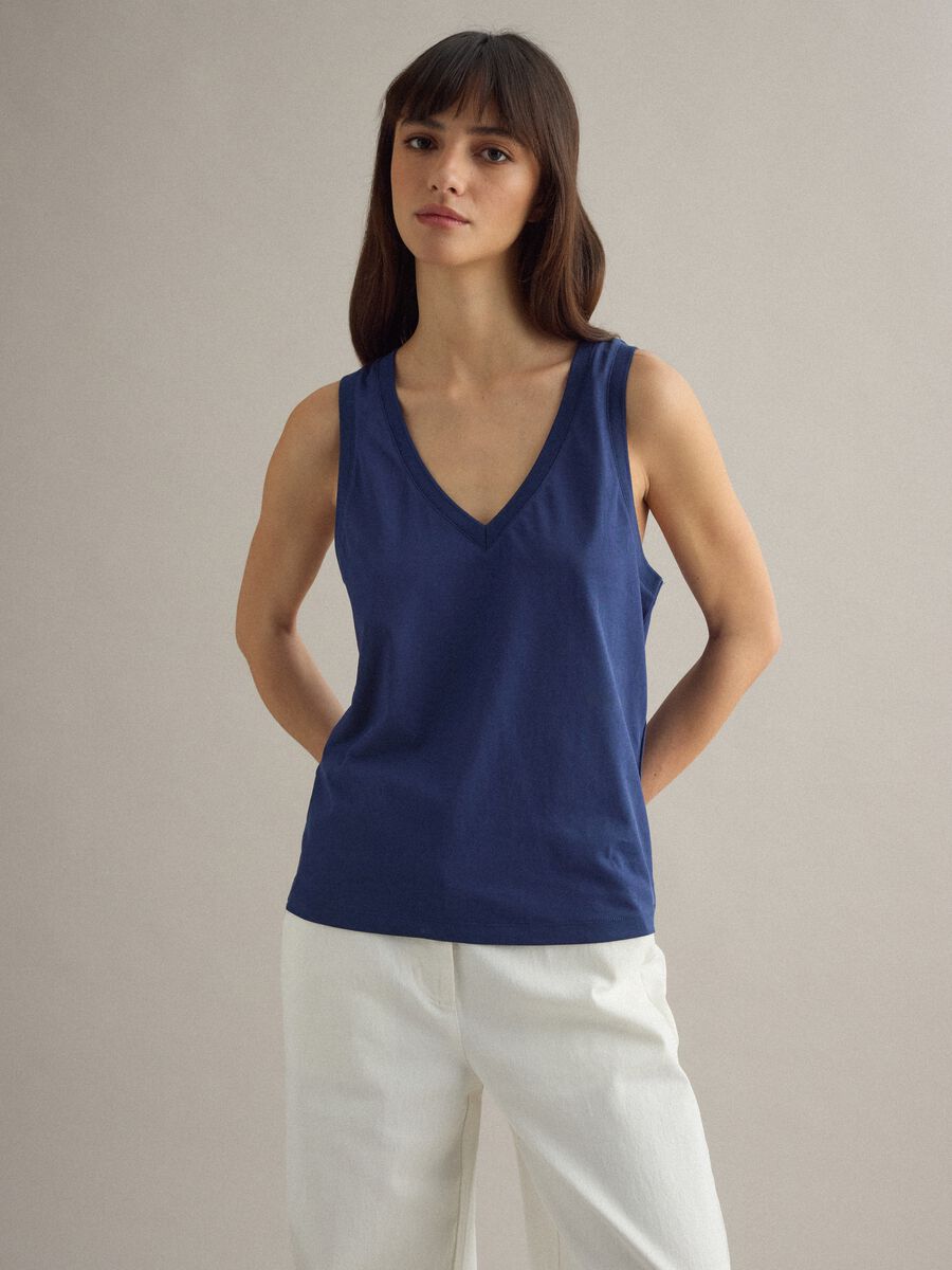 Tank top in misto cotone blu regular fit con scollo a V_1