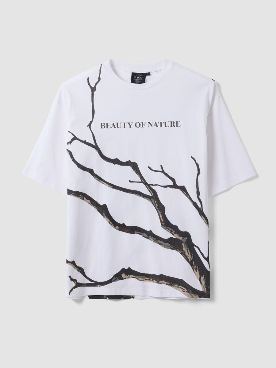White pure cotton T-shirt with foliage print_0