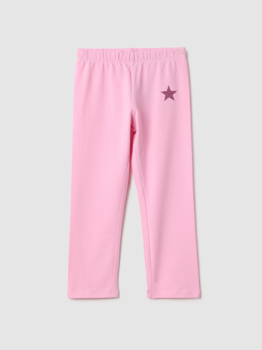 Slim fit pink elasticated cotton leggings for girls with star detail_0