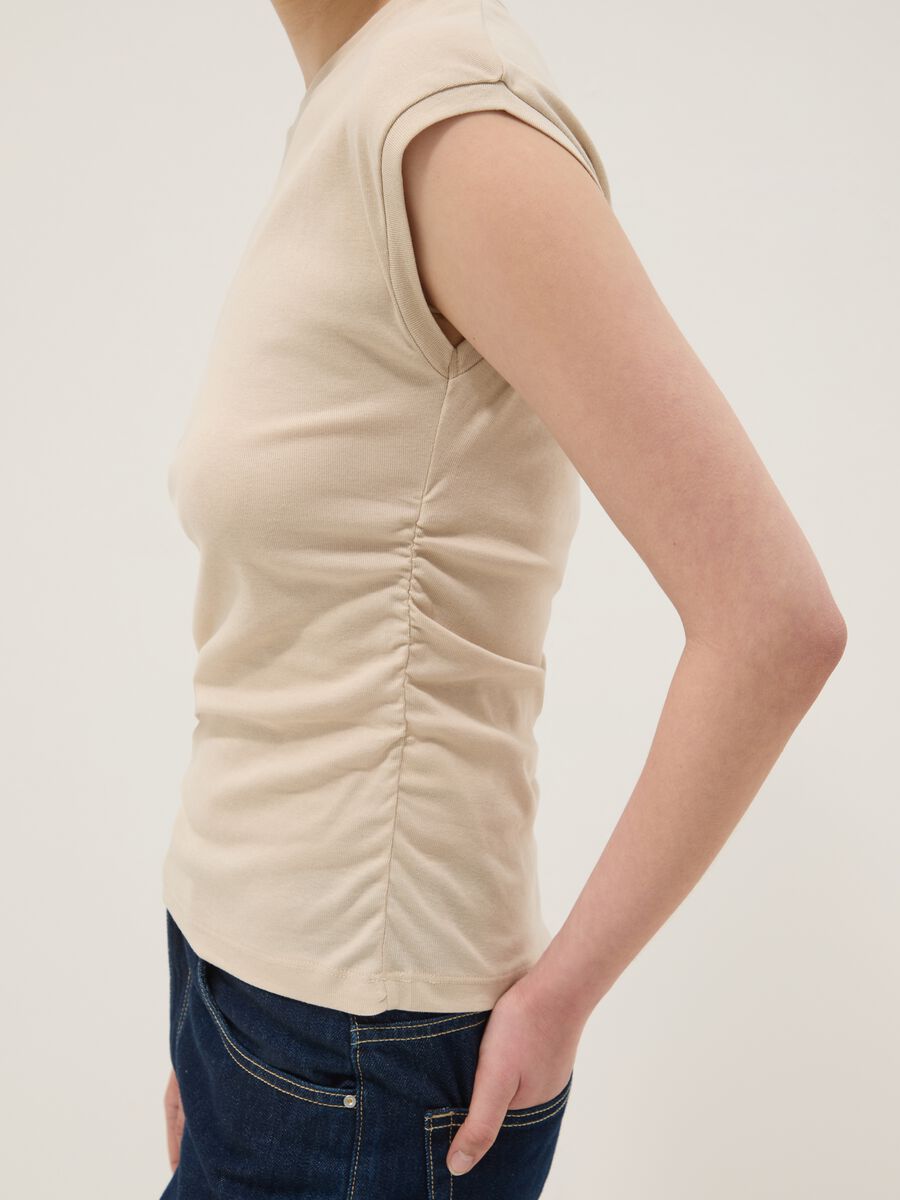 Beige pure cotton tank top with side ruching, regular fit_2