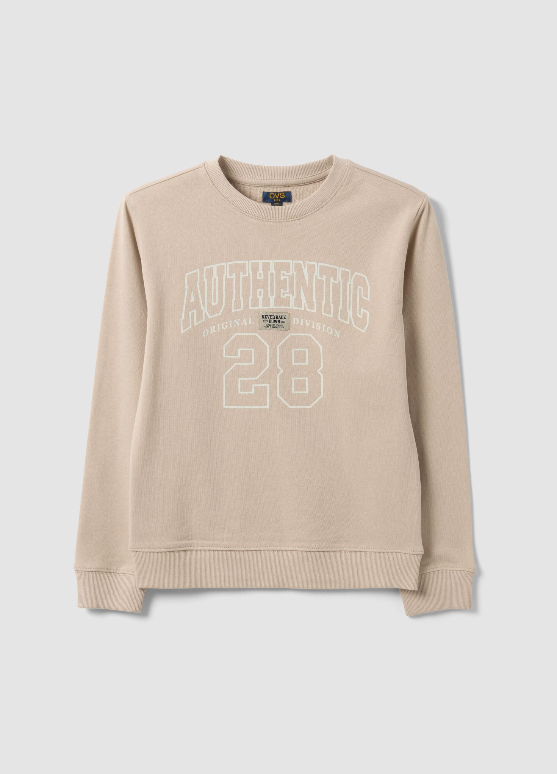 Beige pure organic cotton crew-neck sweatshirt with print for boys