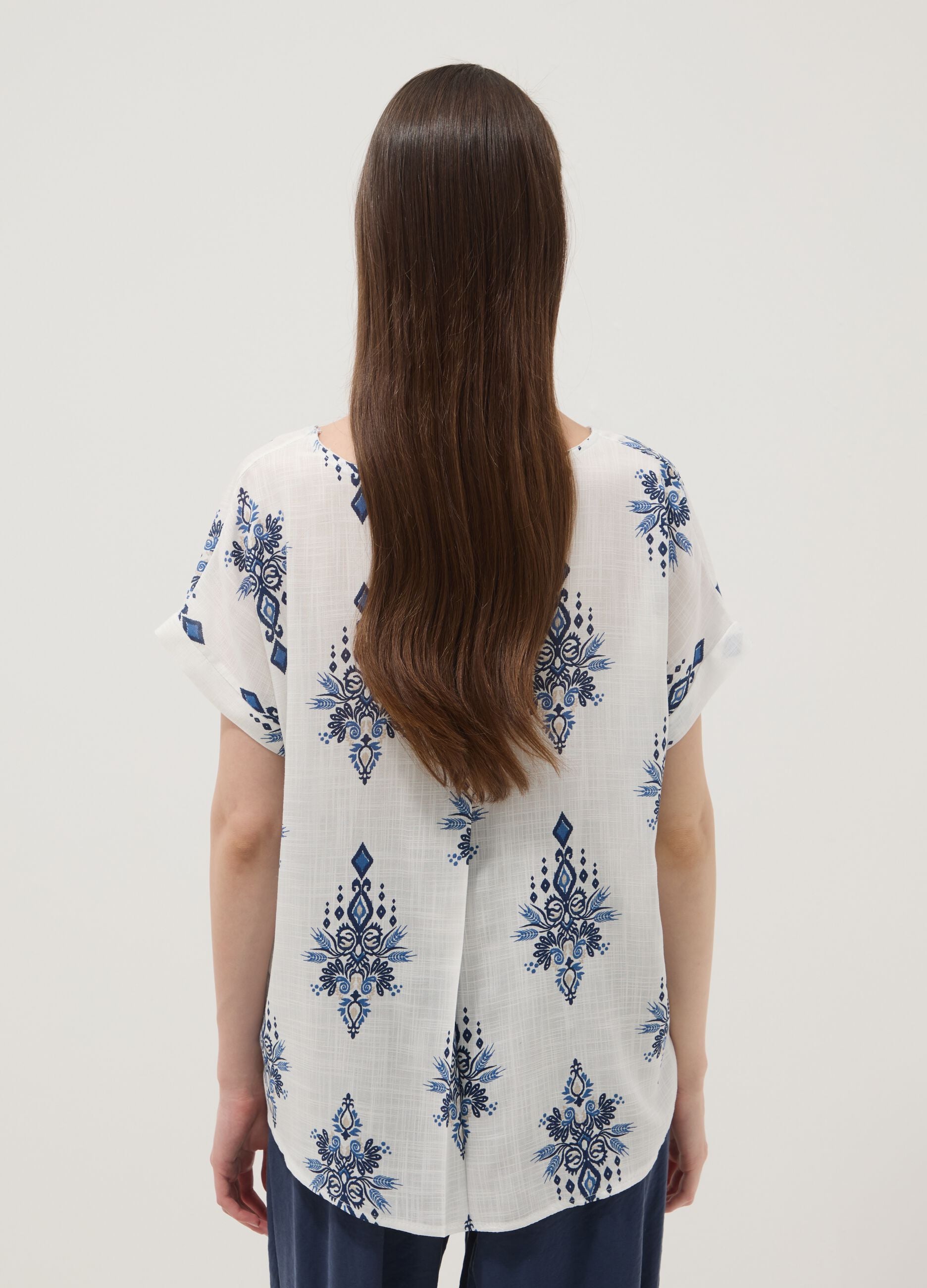 White pure viscose blouse with blue print, regular fit